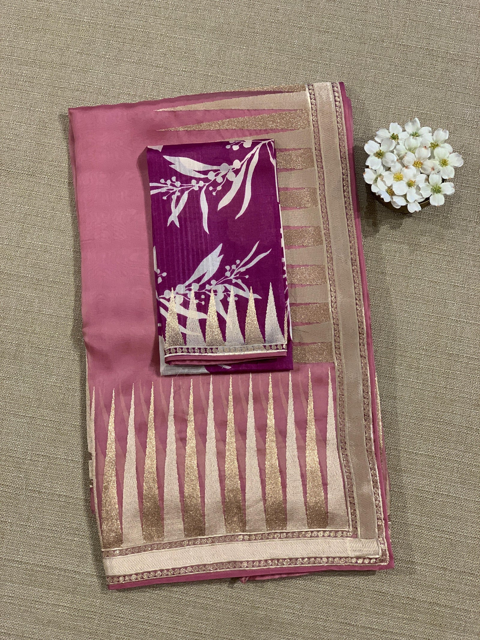 Blush Pink Pure Organza With Temple Embroidered Border & Tussar Printed Blouse