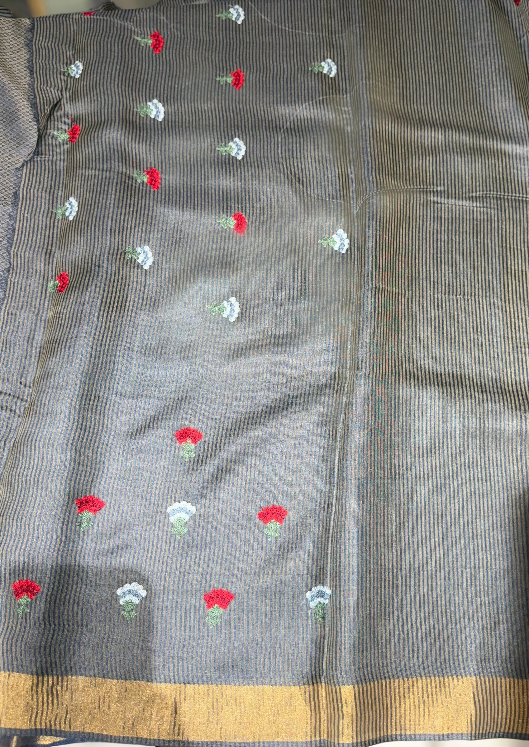 Navy Tussar Brocade Saree With Statement Red Rose Embroidery.