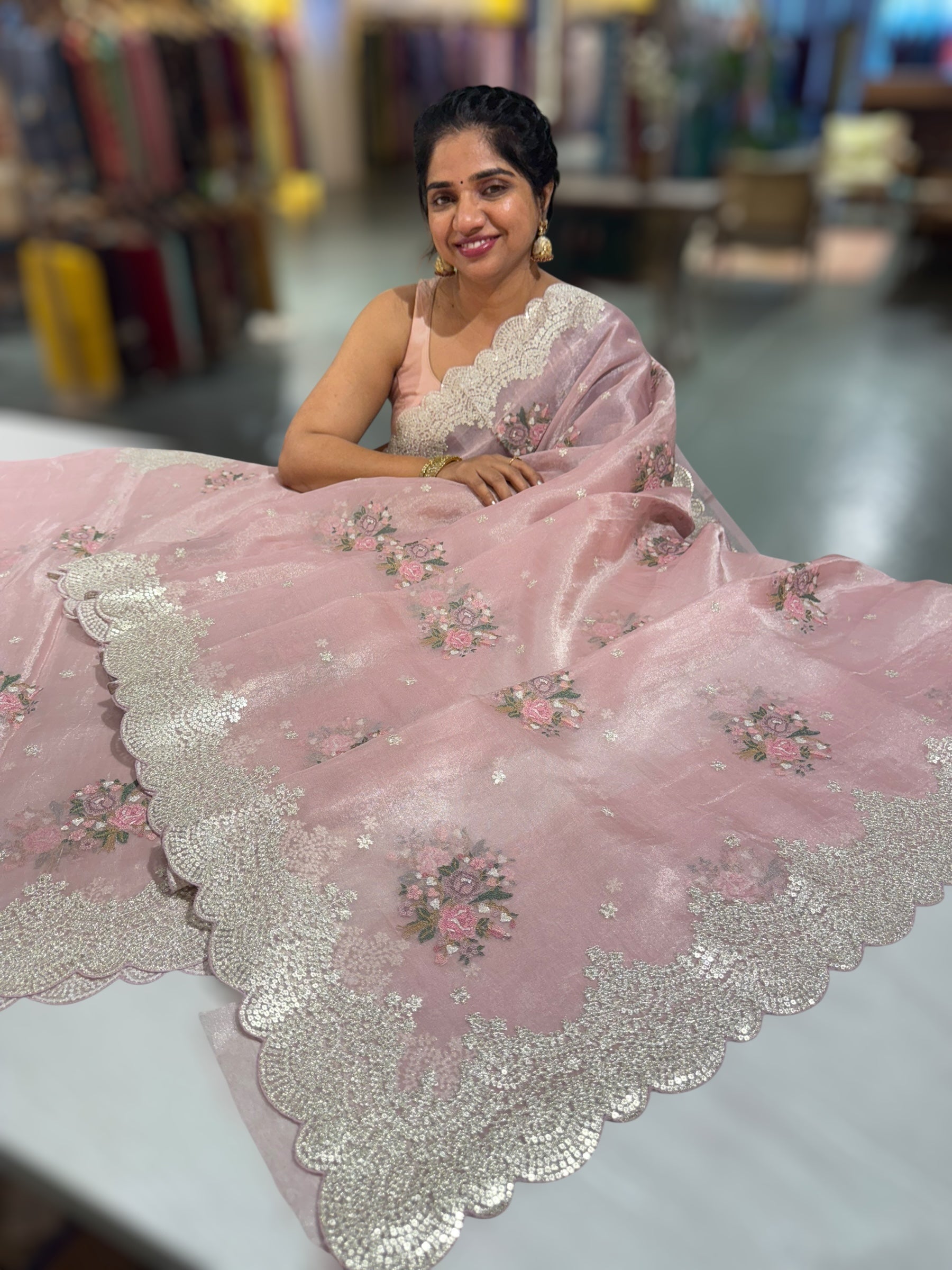 Pink Tissue Saree With allover Petite Point Motifs & Pittai Sequnce Borders