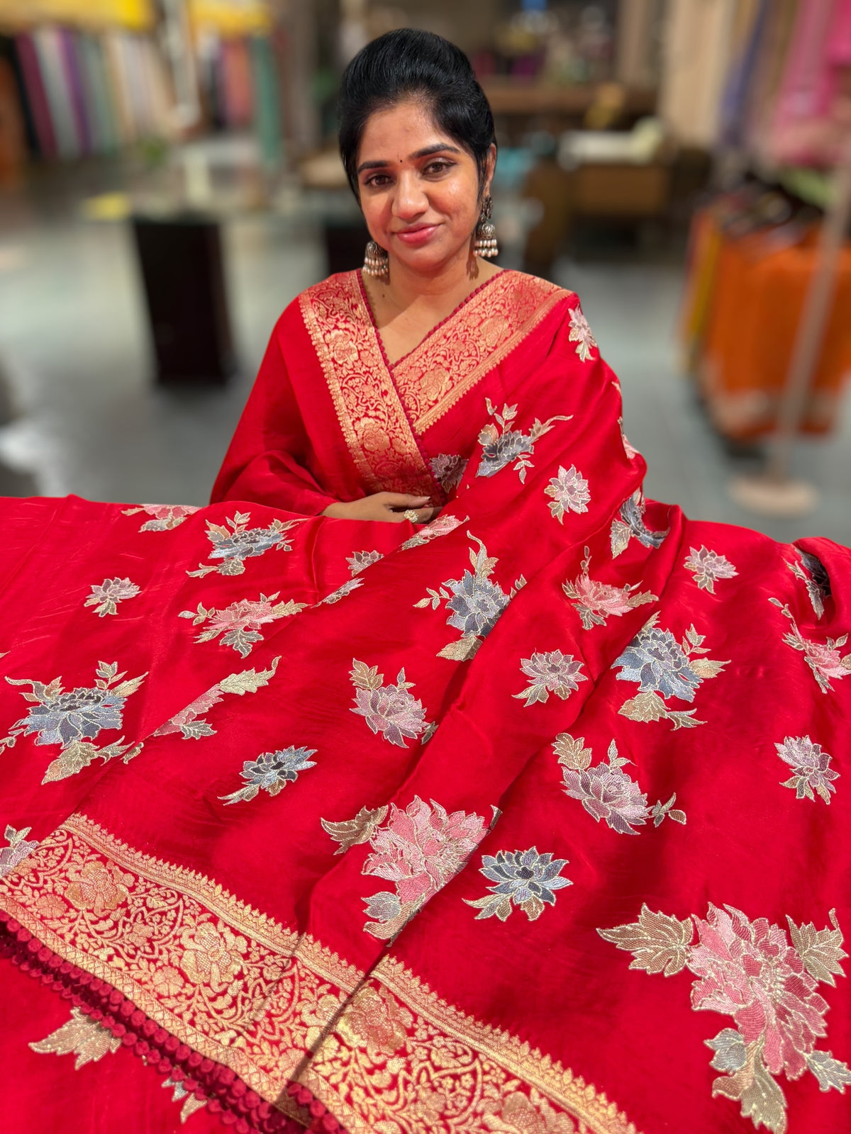 Chilli Red Mashru Banaras with embroidery