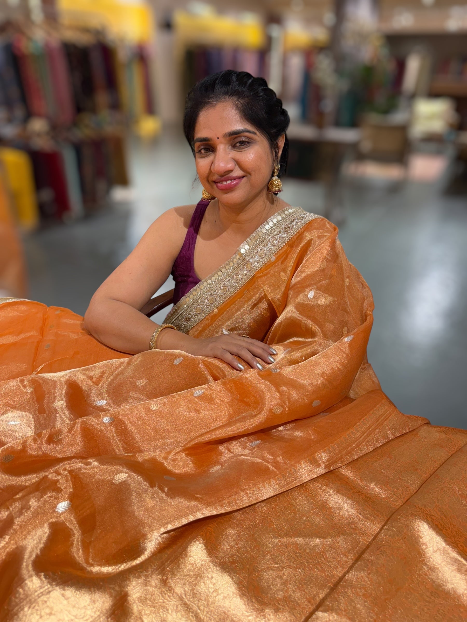 Orange Pure handloom Banarasi Tissue saree