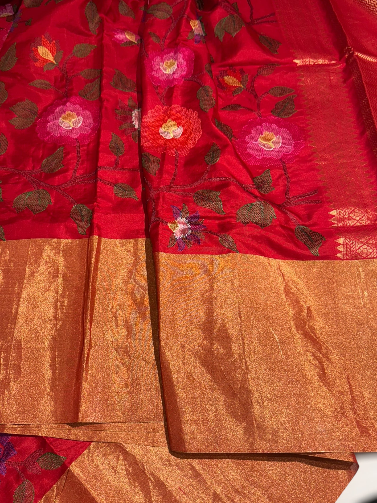 Chilli Red Kanchi Soft Silk Saree with allover jamdani inspired embroidery