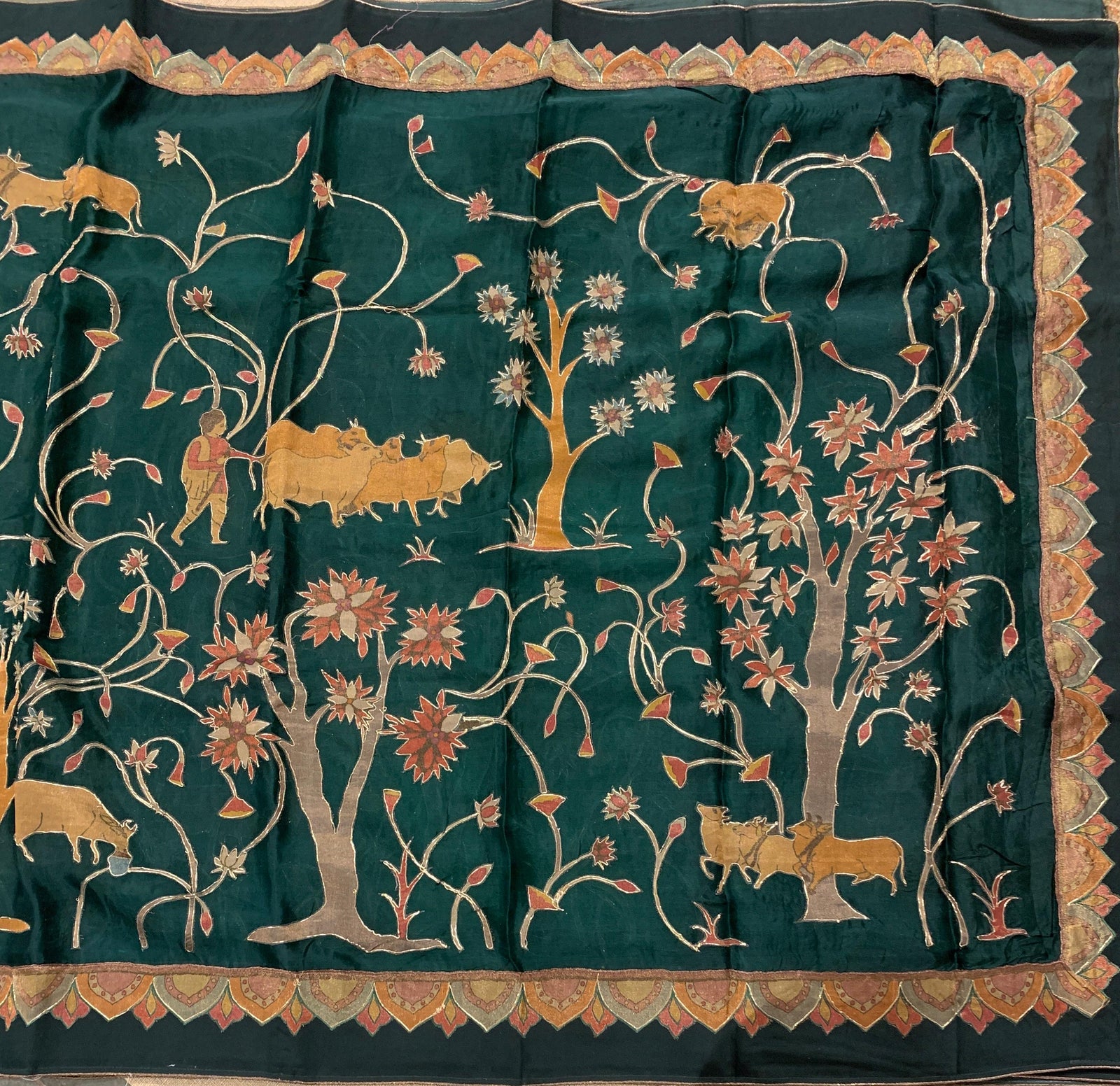 Bottle Green Designer Organza Saree with Stunning Tissue Applique work Saree with village theme