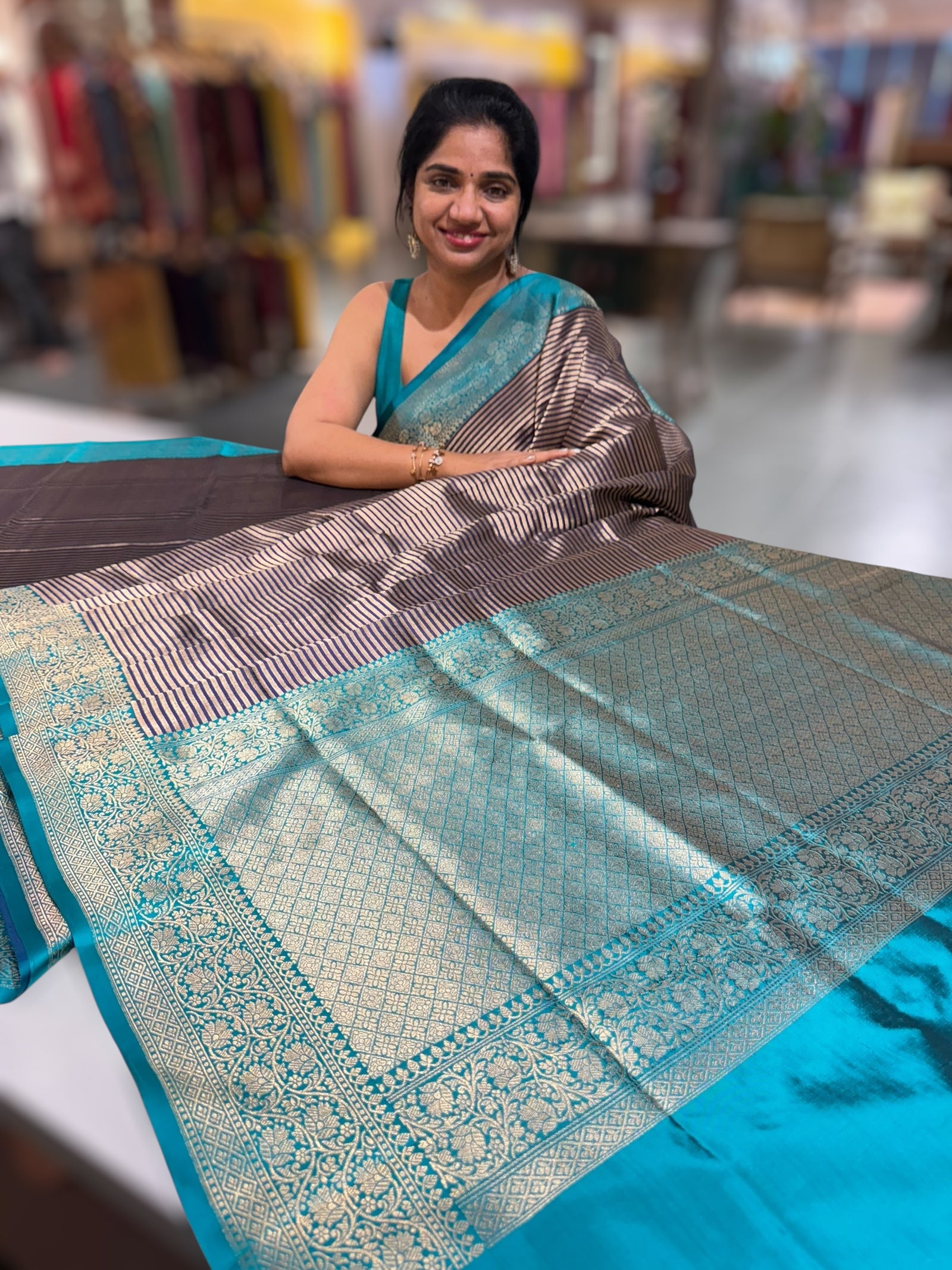 Navy Blue Banarasi Silk Stripes Saree