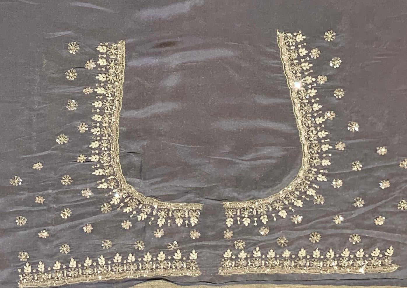 Greyish Violet Tissue Gorgette Saree With Hanwork Border and Blouse.