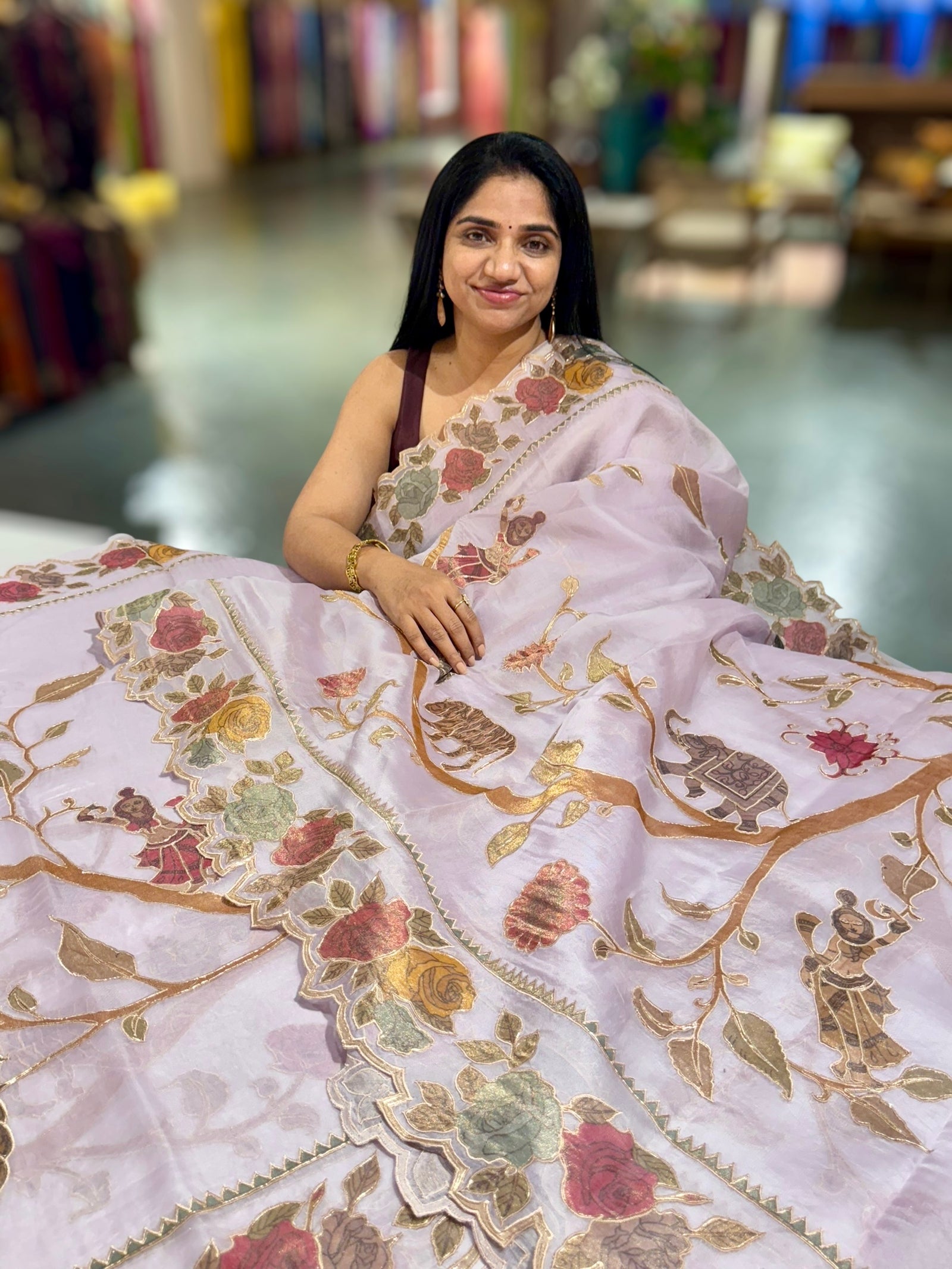 Lilac Pure Organza Applique Work Saree