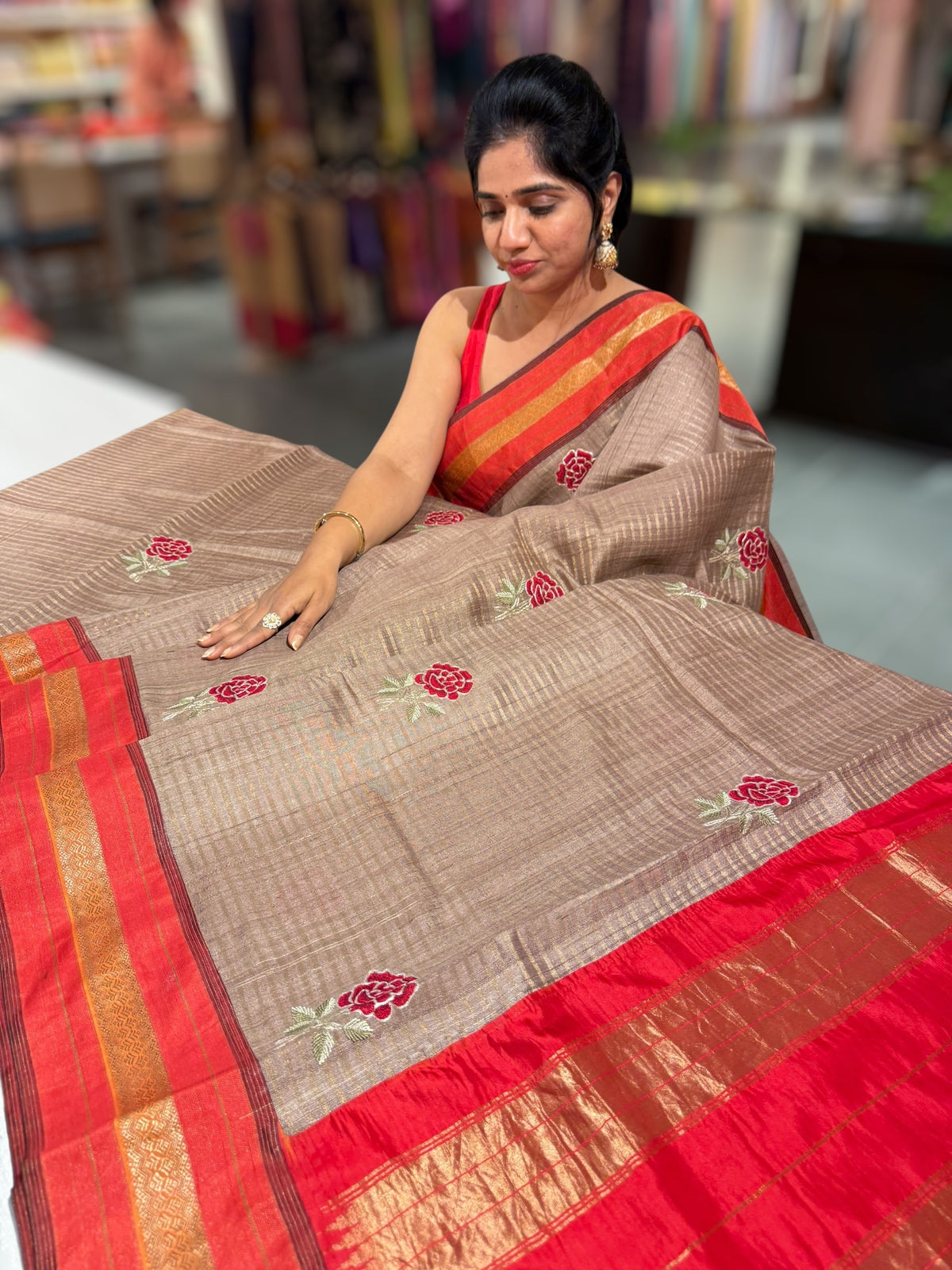 Chickoo Tussar Tissue and Silk fusion Saree with embroidery