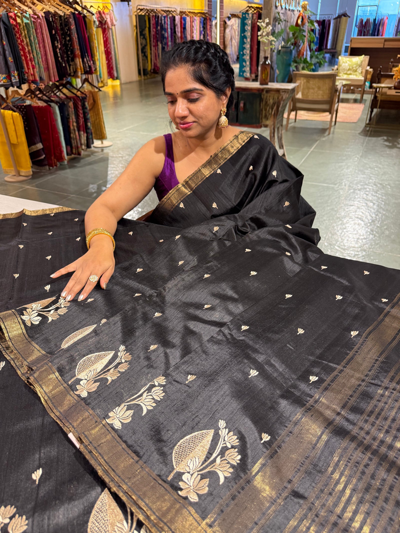 Black Pure Handloom Raw Silk Saree