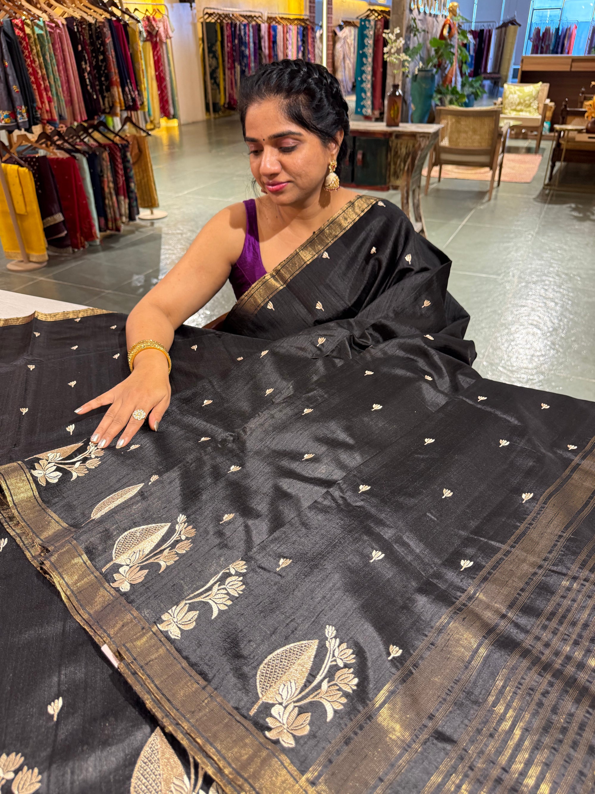 Black Pure Handloom Raw Silk Saree
