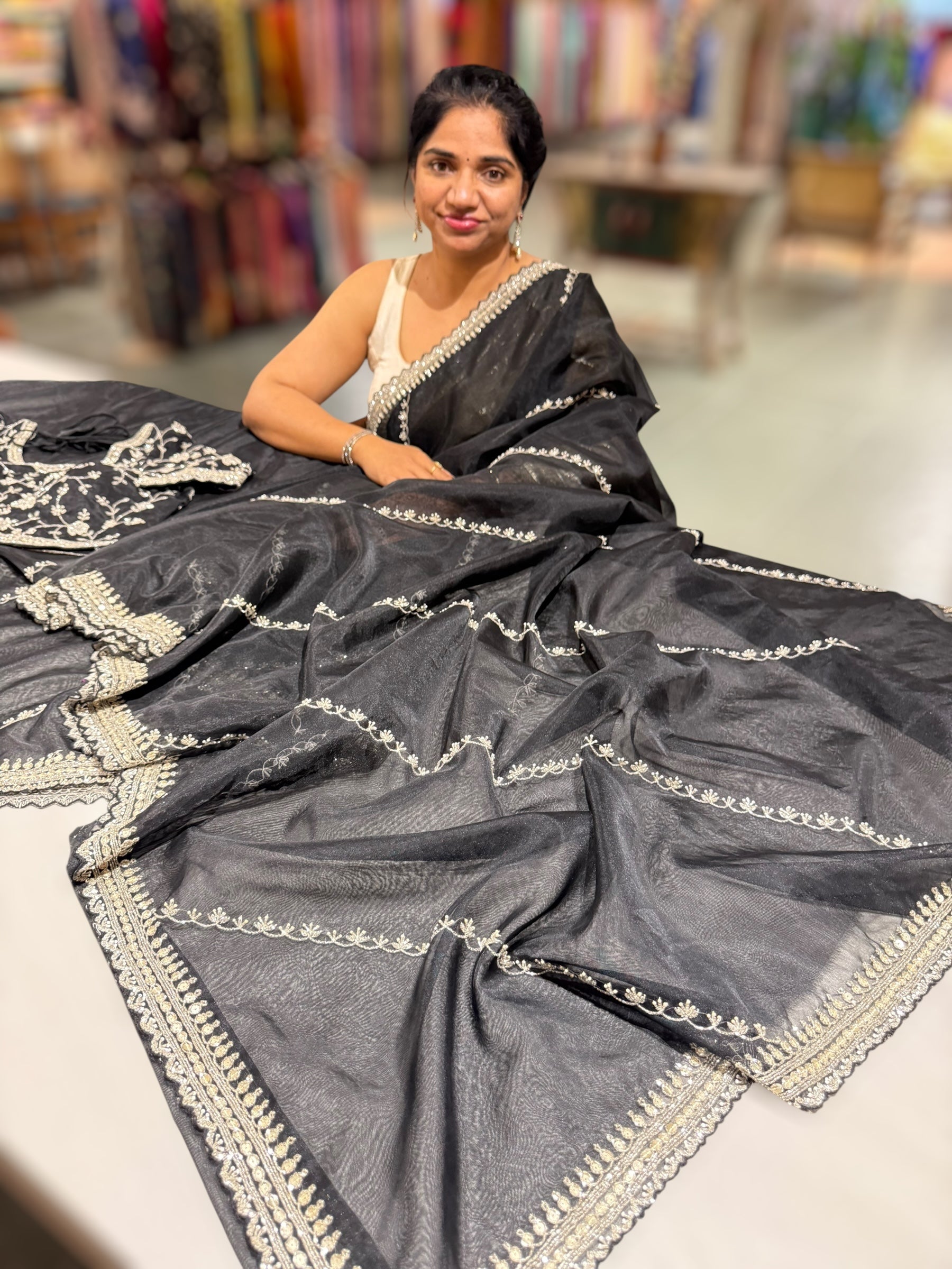 Black Organza handwork saree with ready to wear blouse