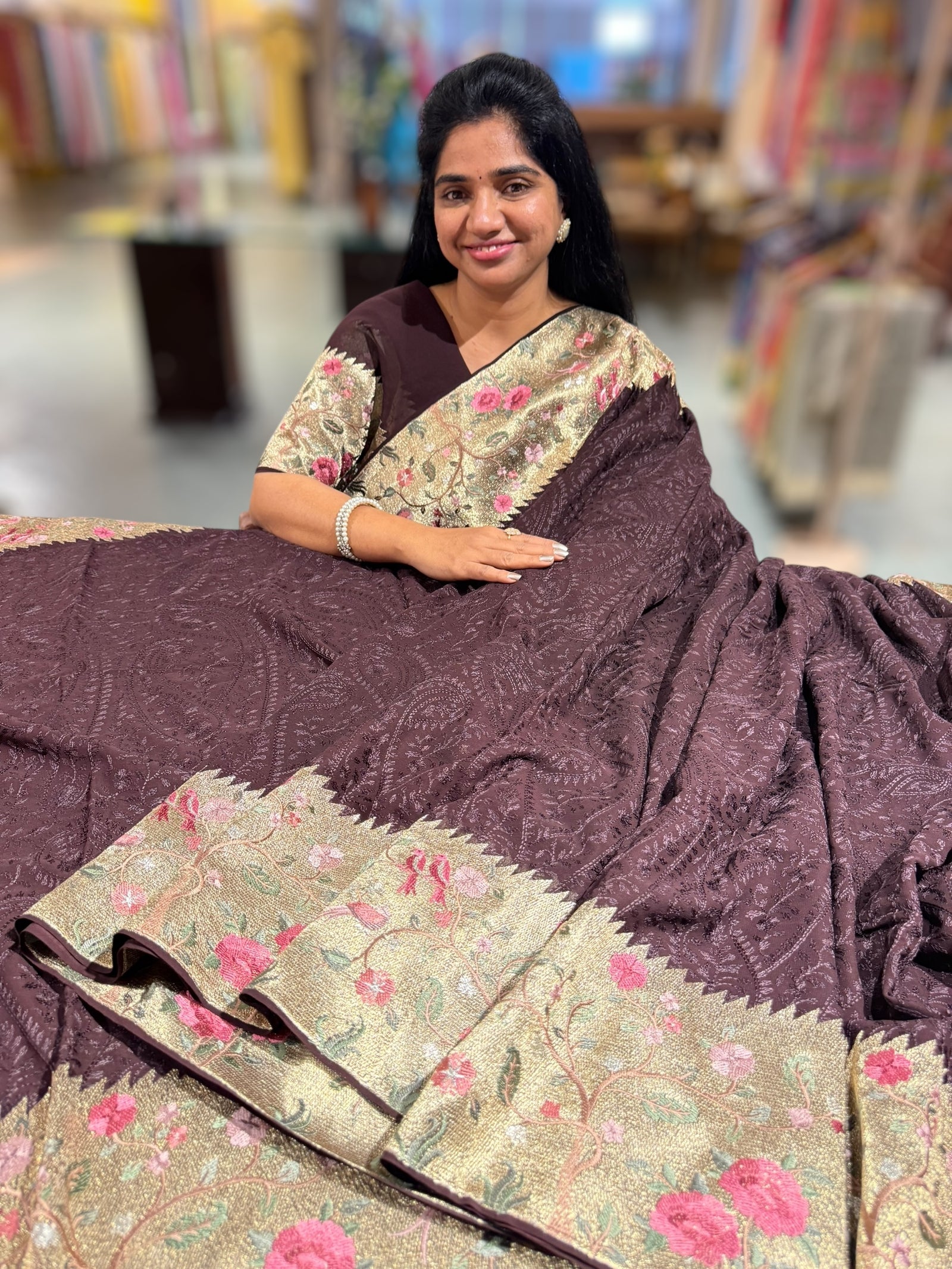Brown Chikankari Georgette Saree with Tissue embroidered Border