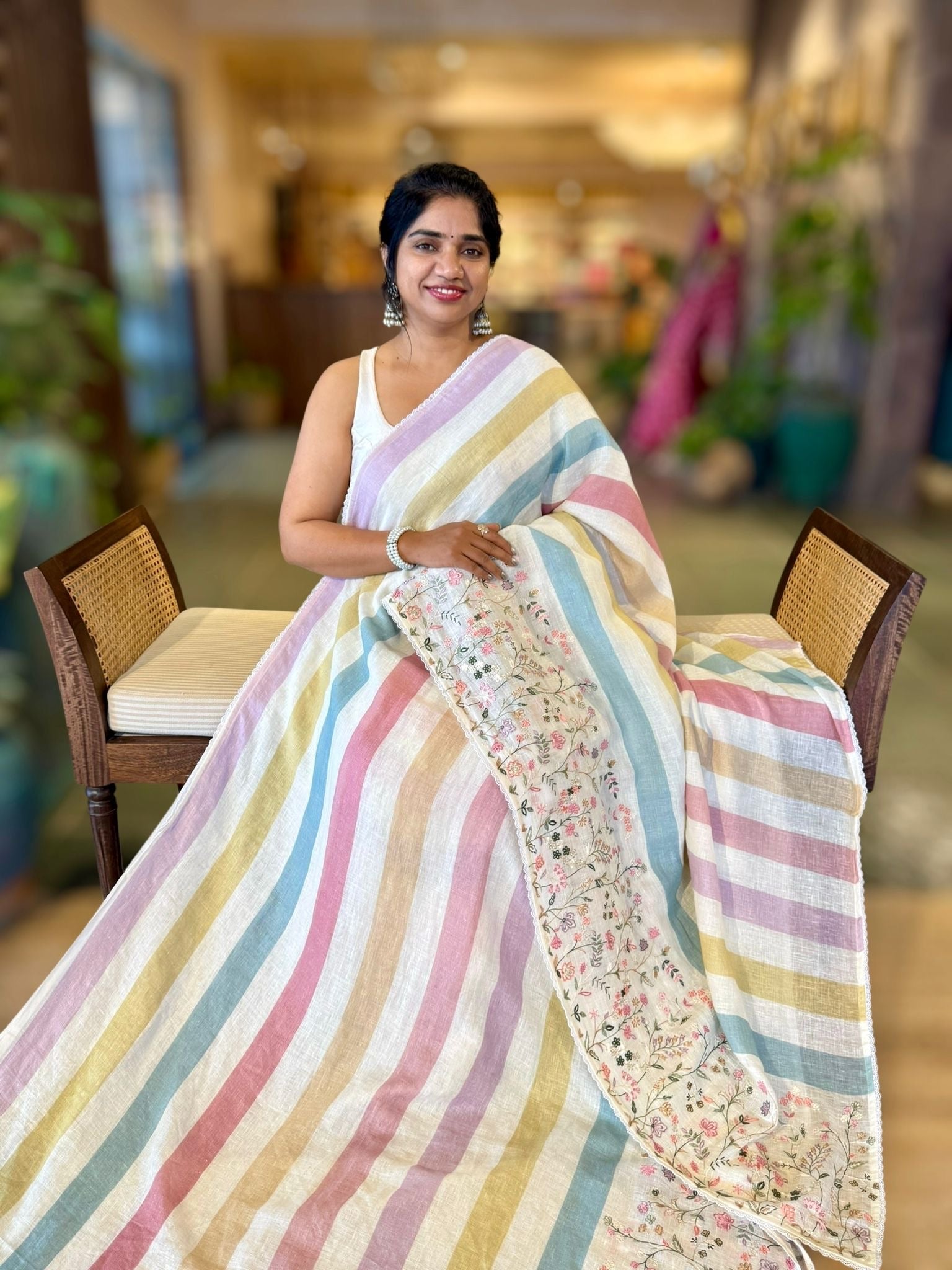 Lenin Saree with Multi Colors stripes and Embroidered Border