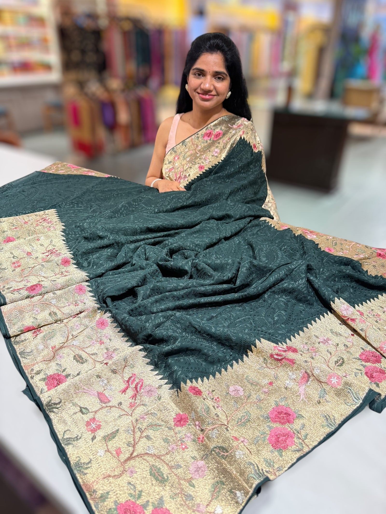 Forest Green Chikankari Georgette Saree with Tissue embroidered Border