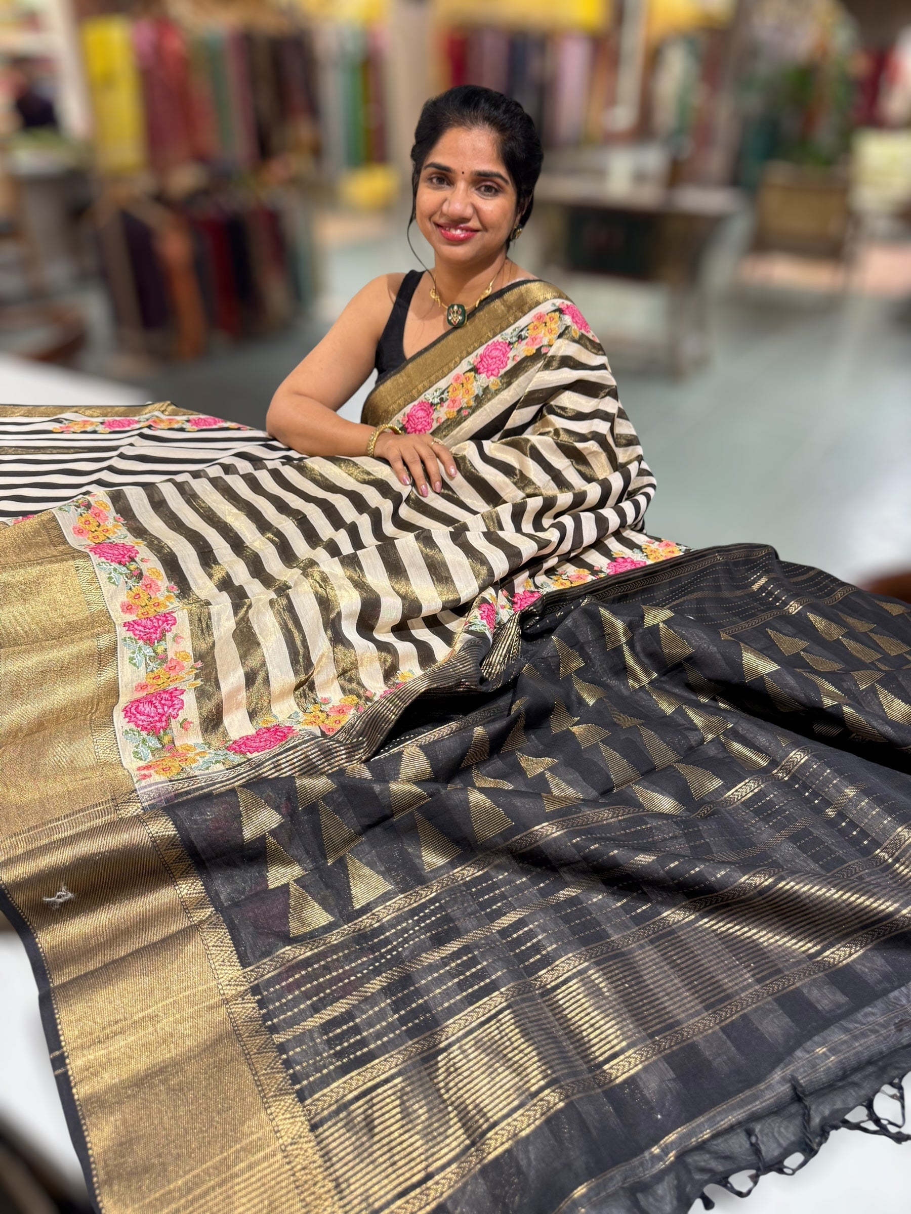 Chanderi Tissue Saree with petite point emb