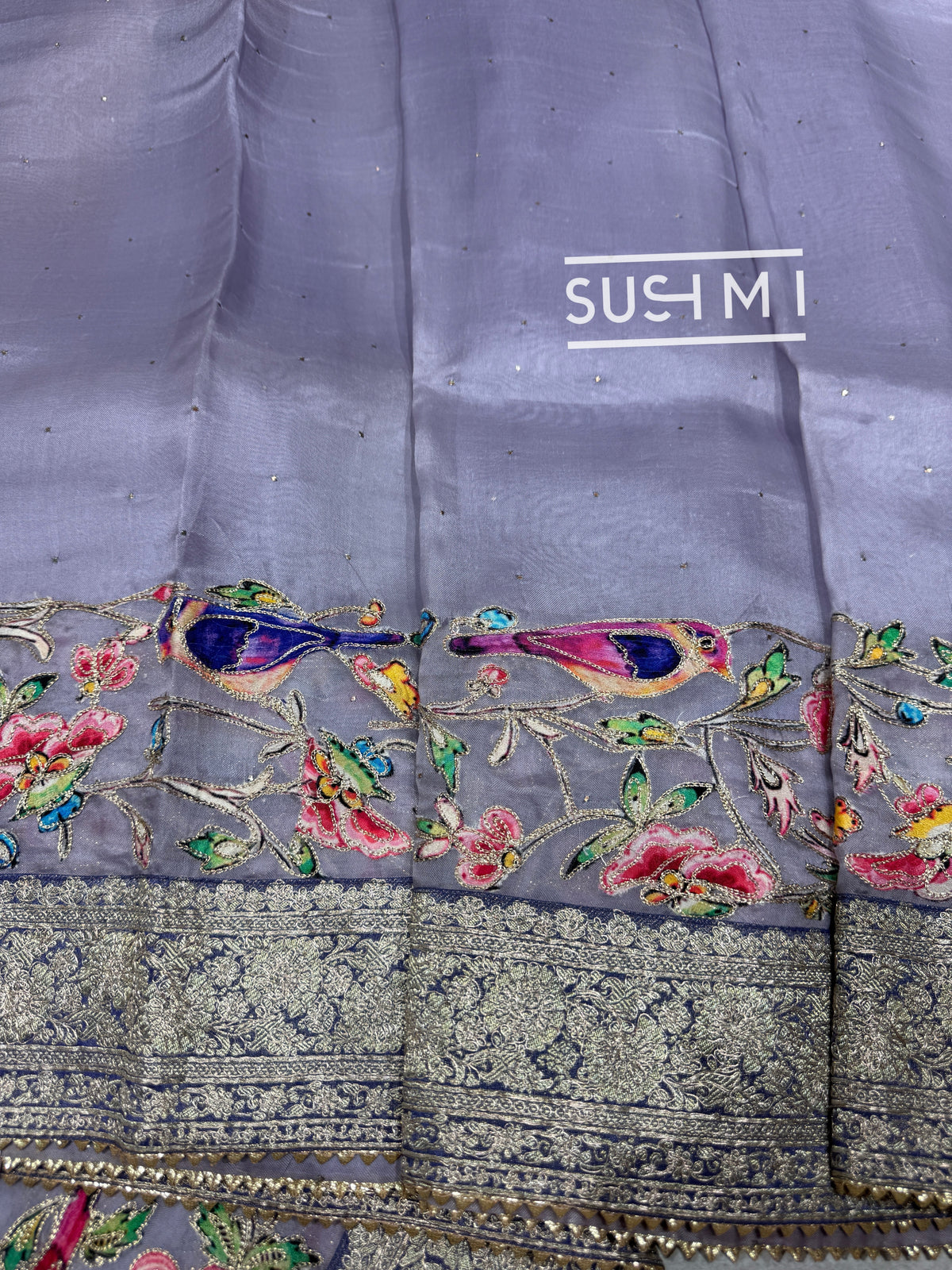 Lilac Organza Banarasi Fusion Saree with Bird Appliqué : SM020