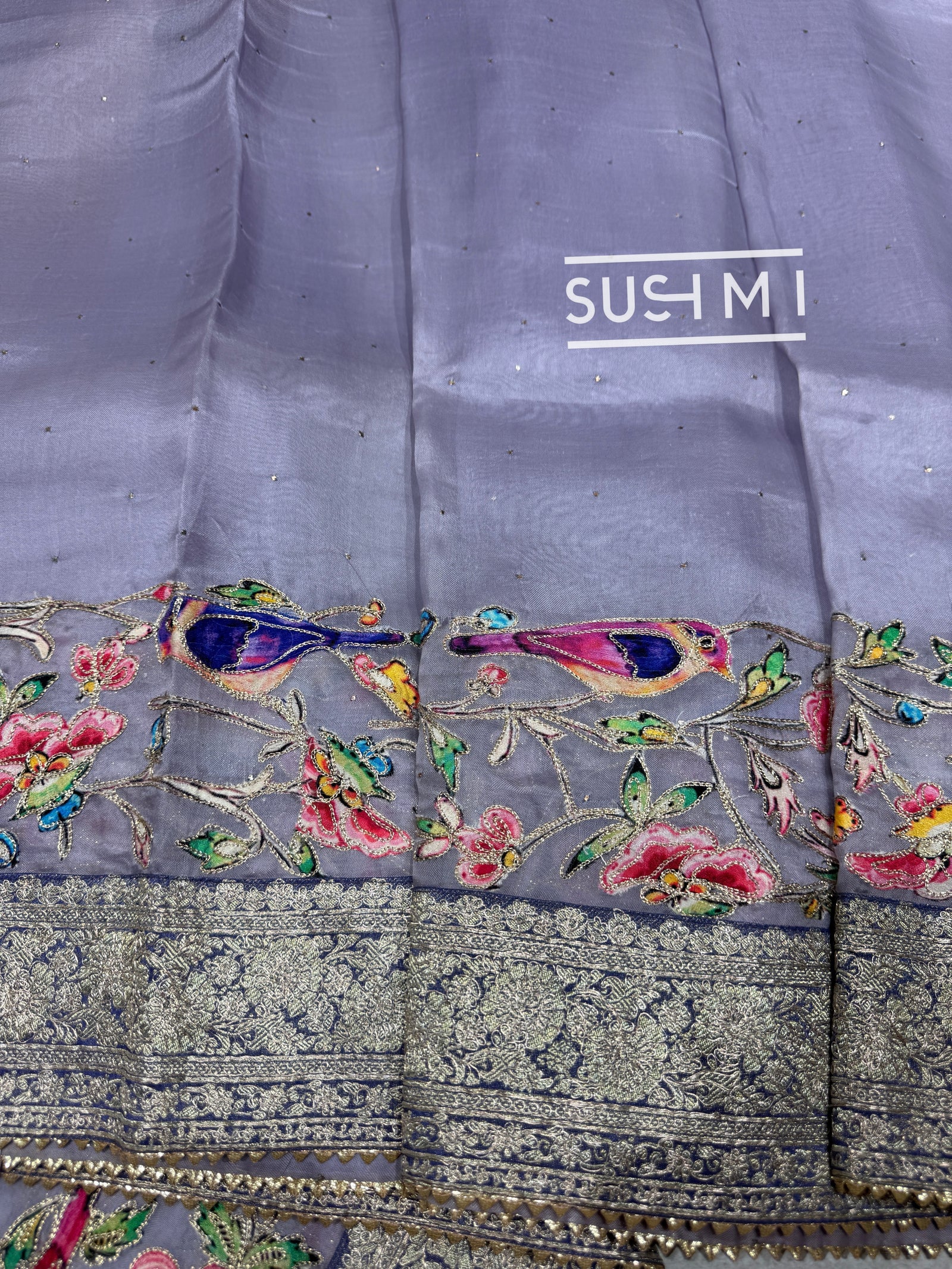 Lilac Organza Banarasi Fusion Saree with Bird Appliqué : SM020