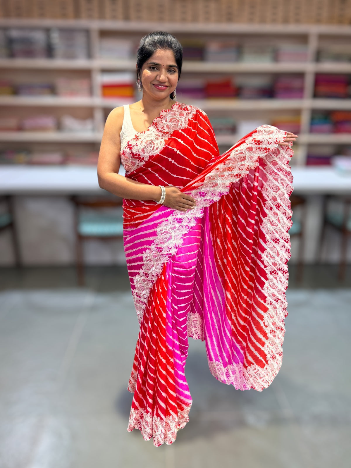 Orange and Pink Ombre dyed habutai satin Silk lehariya Saree S62F063