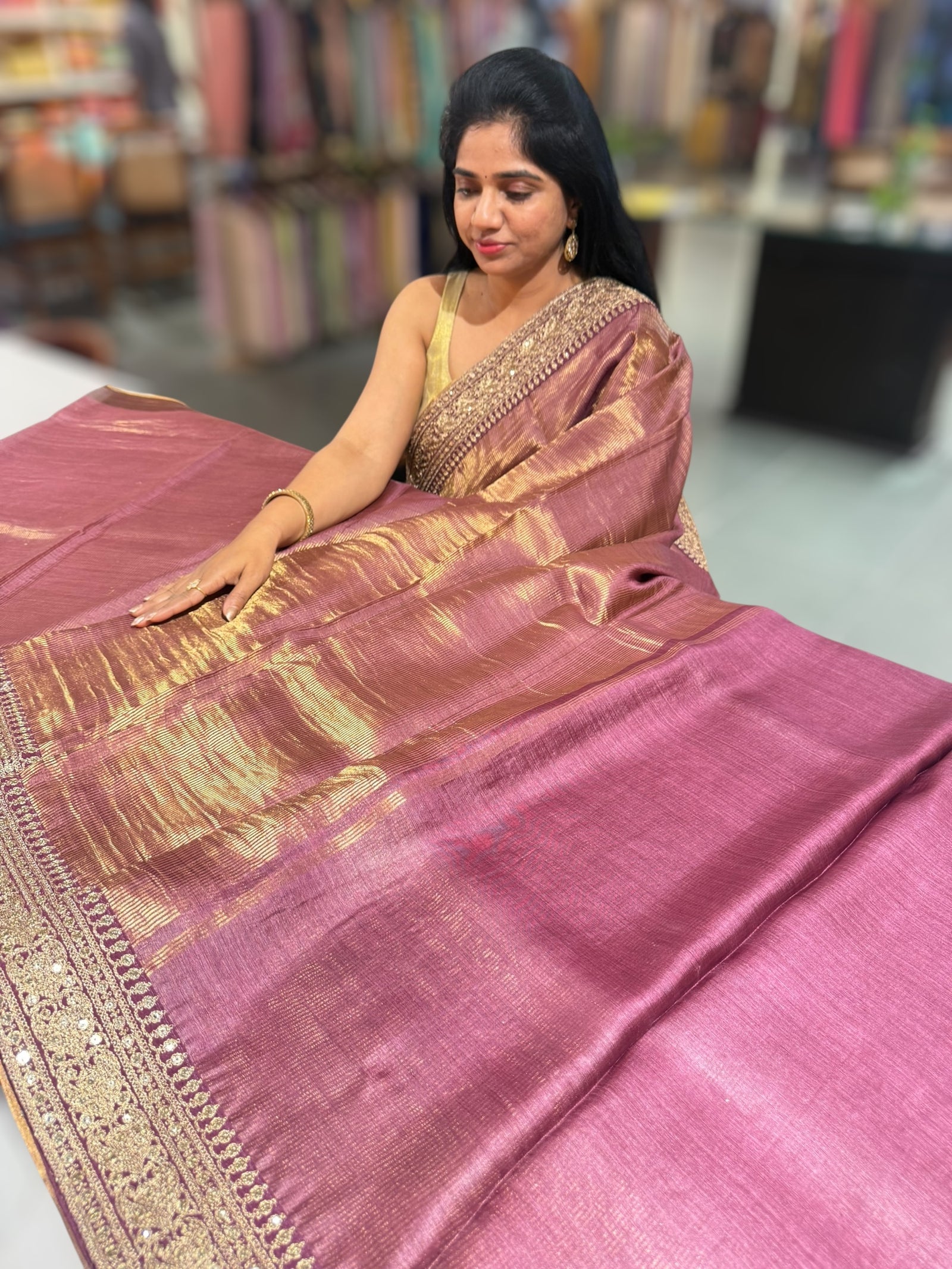 Wine kora Muslin Tissue fusion saree