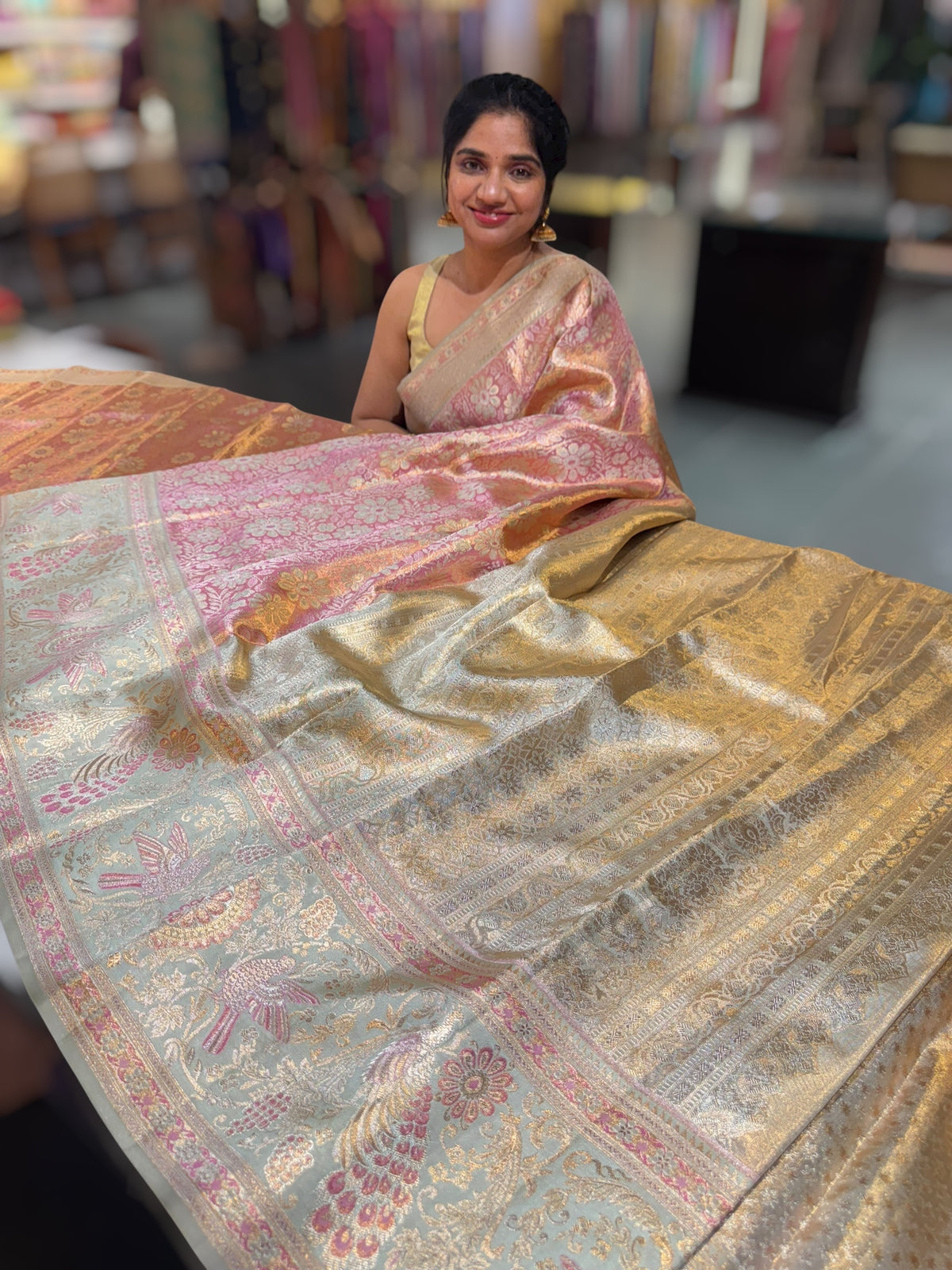 Pastel Pink &amp; Mint Blue Kanjeevaram Tissue meenakari saree