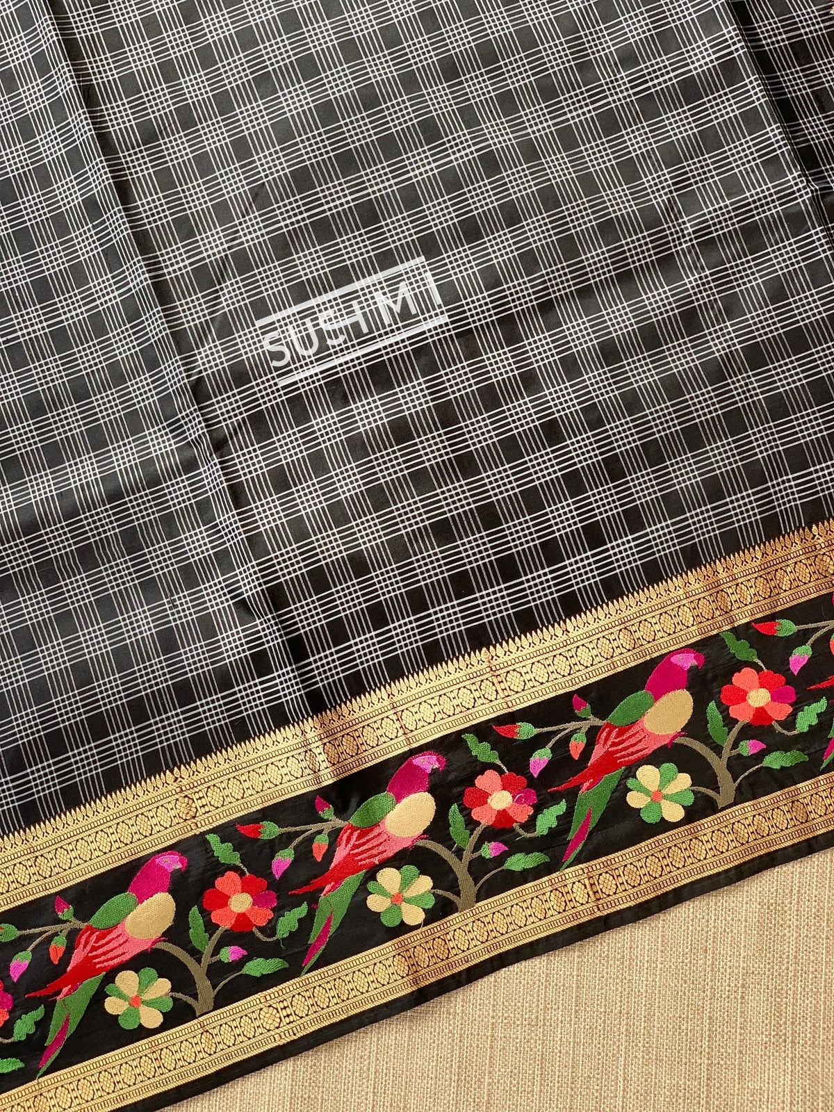 Black Vintage checks Kanjeevaram soft silk saree with embroidery D62F042