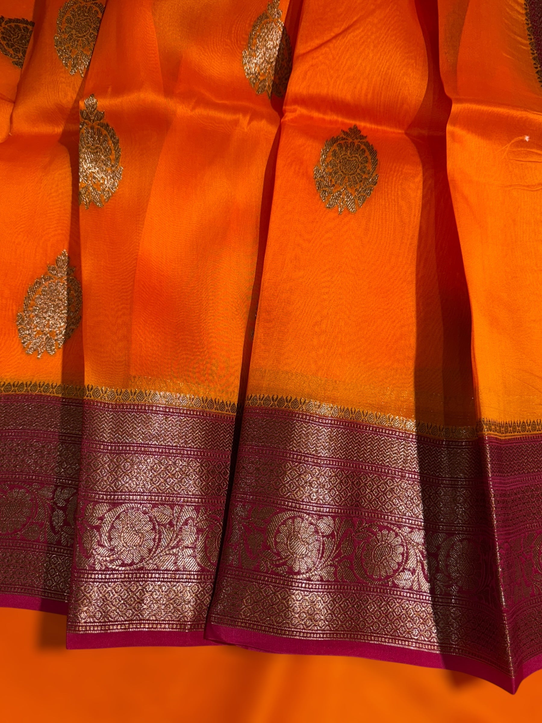 Orange & Ruby Pink Pure Handloom Kora Banarasi Saree