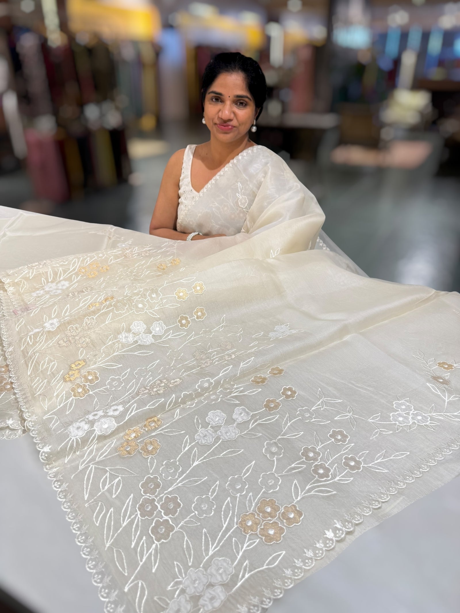 Ivory Organza Saree With Tissue Applique Work