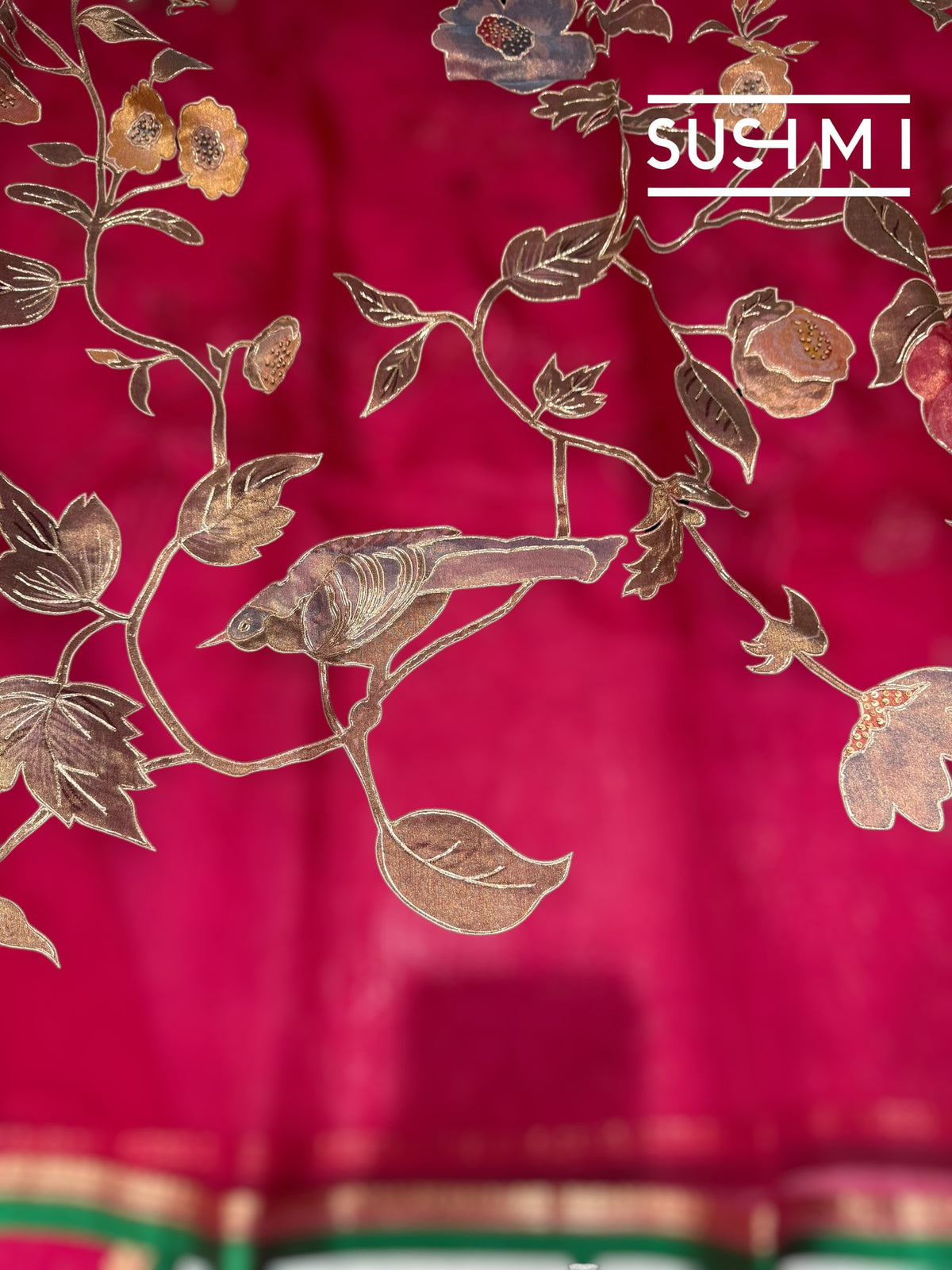 Ruby Pink Designer Organza with Tissue applique work : S62F093