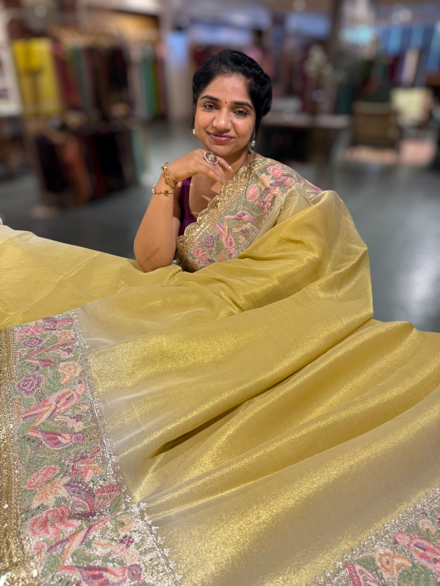Golden Yellow Tissue Gorgette Saree With Petite Point Embroidered Border