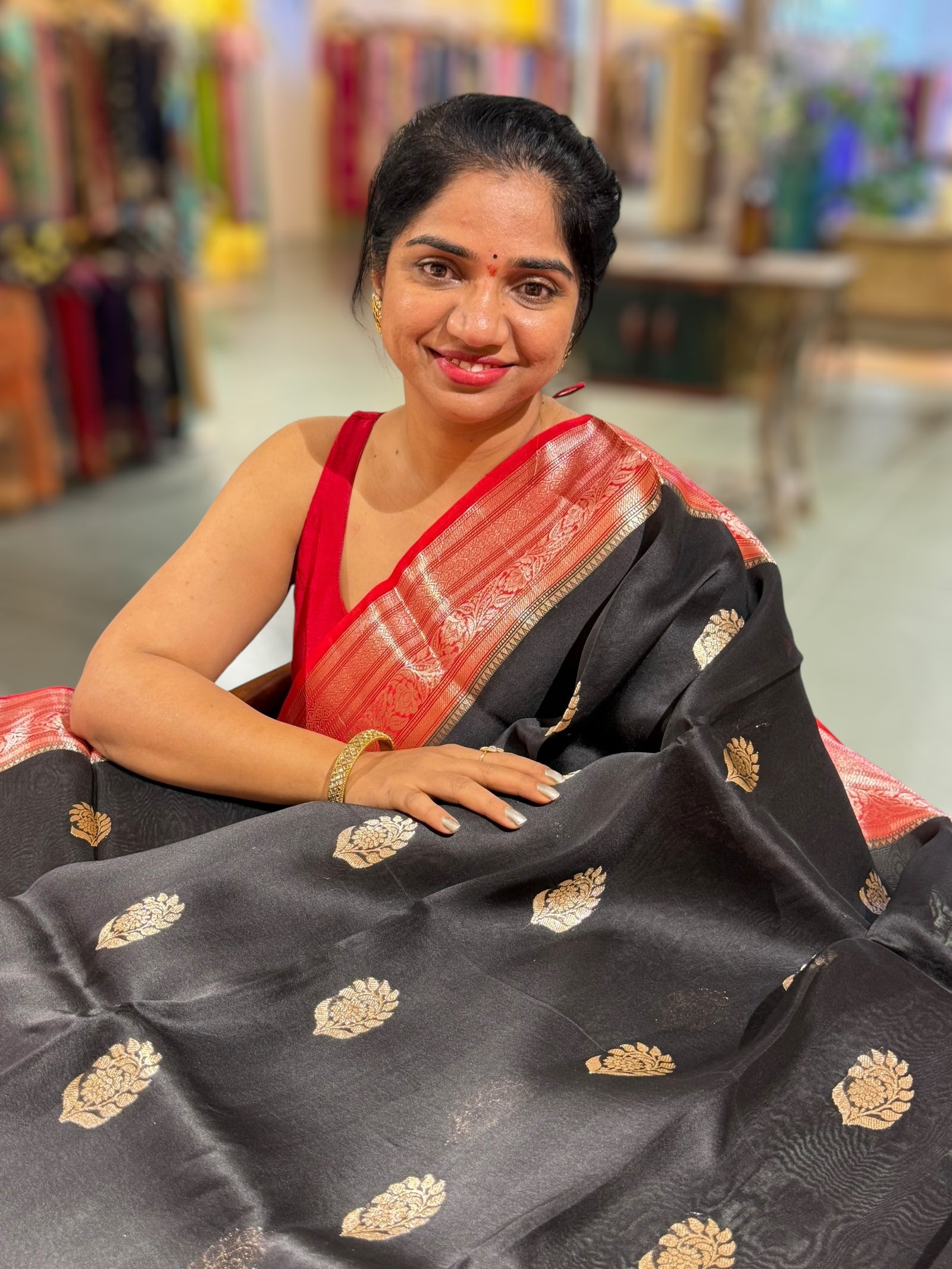 Black and Red Kora Banarasi Saree with Kaduwa woven motifs