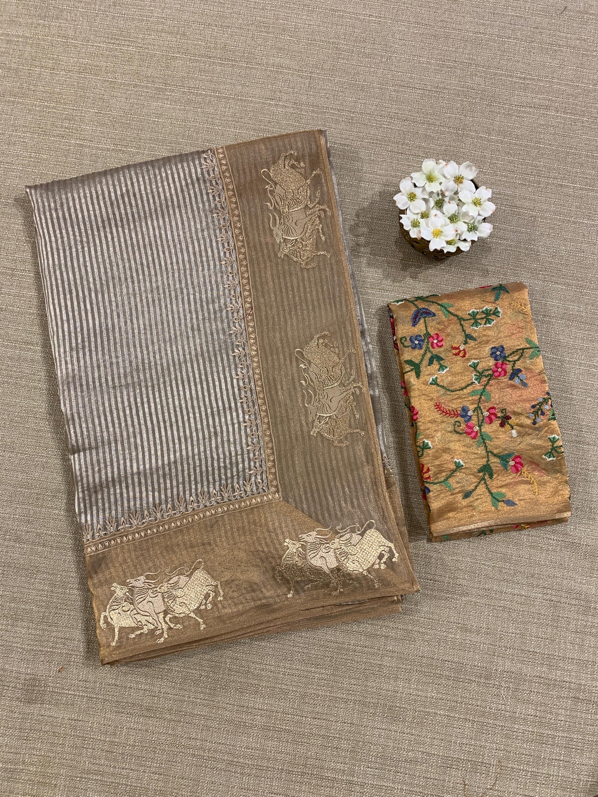 Earthy Grey Kora tissue stripes Saree with Nandi embroidered tissue border