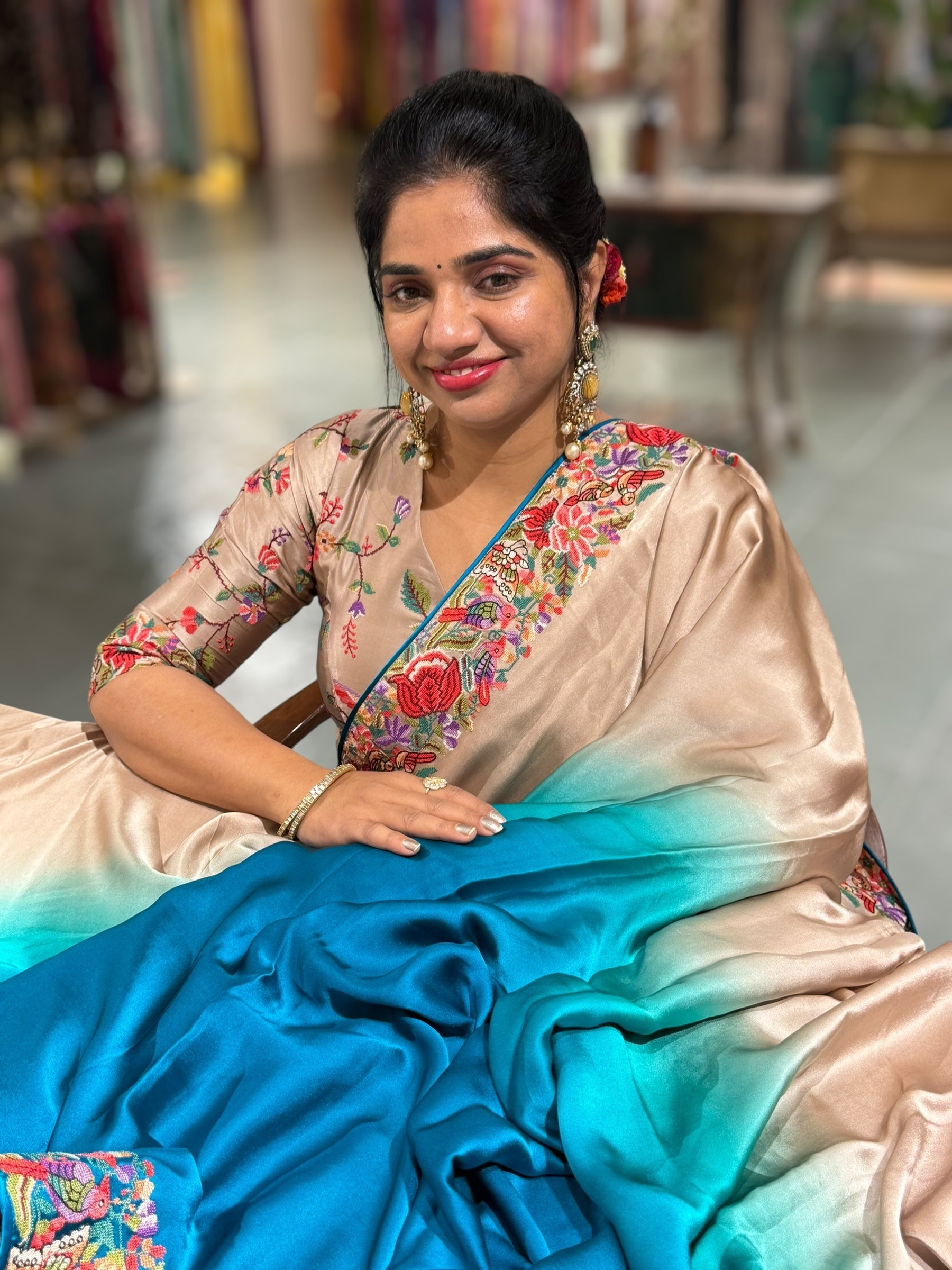 Pure Satin Ombre Dyed Saree with Petite Point Embroidered Border and blouse.