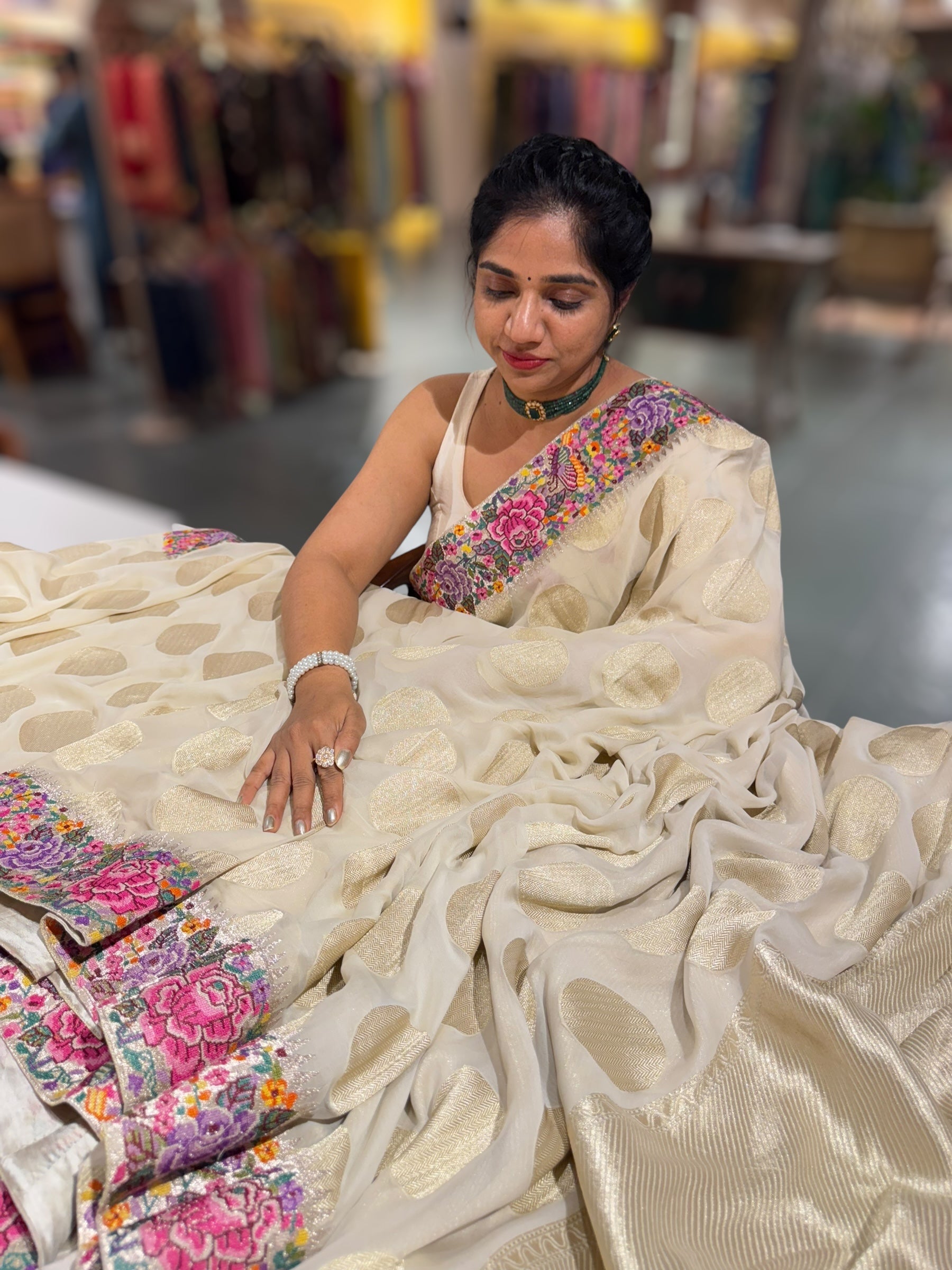 Halfwhite khaddi Chiffon Saree with allover zari weaving polka dots & Petite Point border