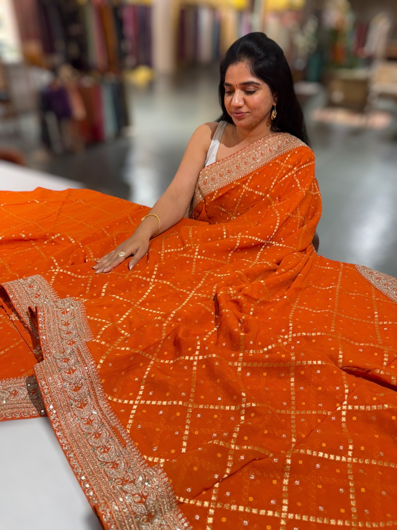 Orange Fancy Banarasi Bandhini georgette saree with sabhyasachi borders and blouse