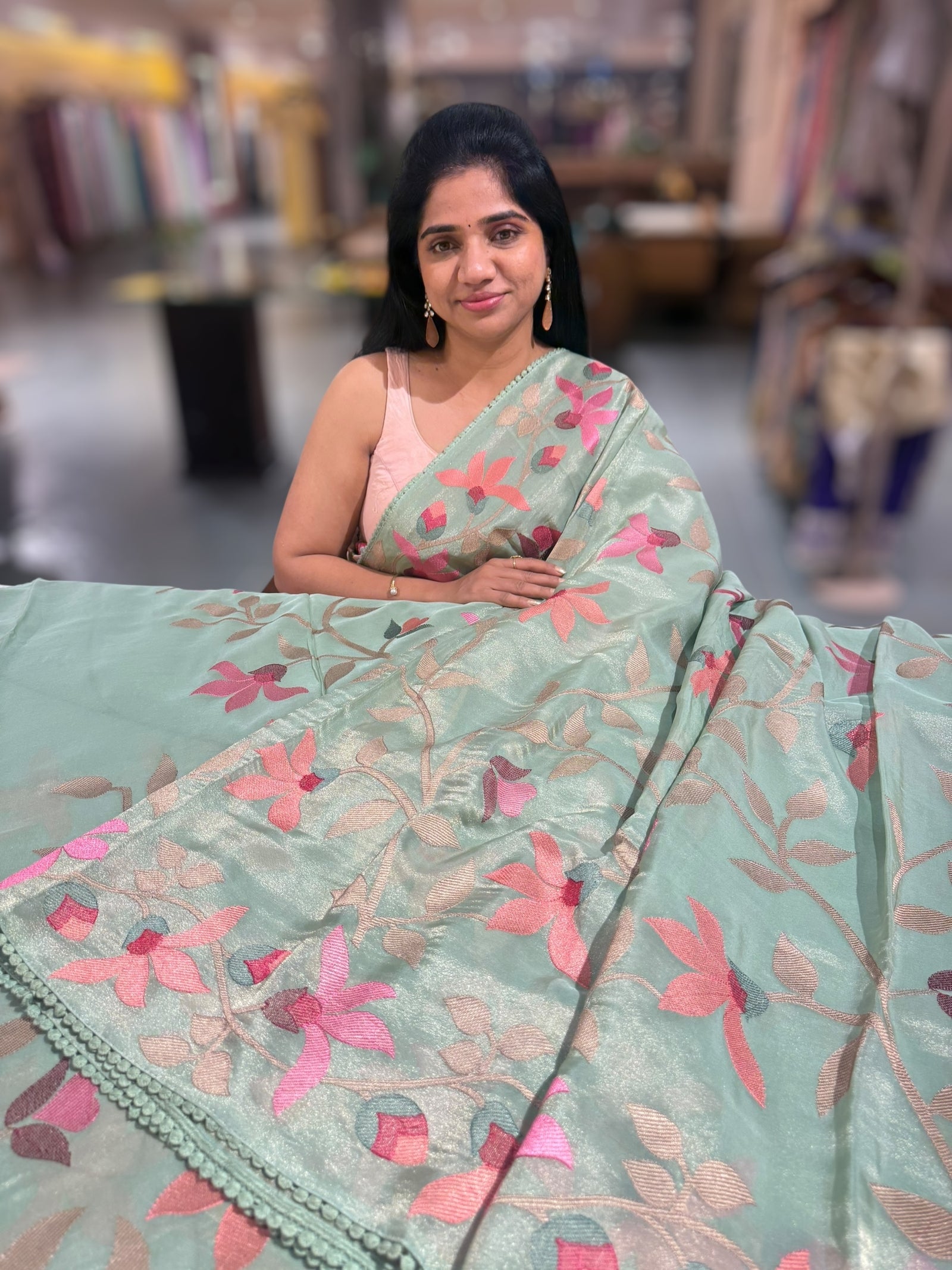 Mint Peach Tissue georgette saree with embroidery