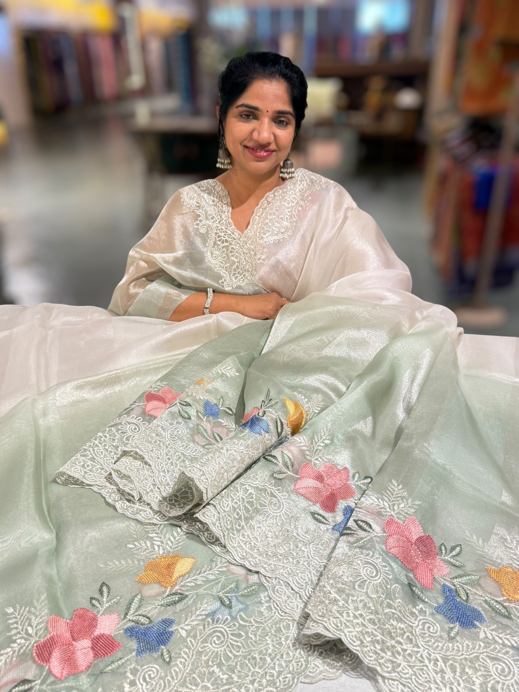 Mint & Silver Ombre dyed Tissue Saree with Cutwork embroidered Borders