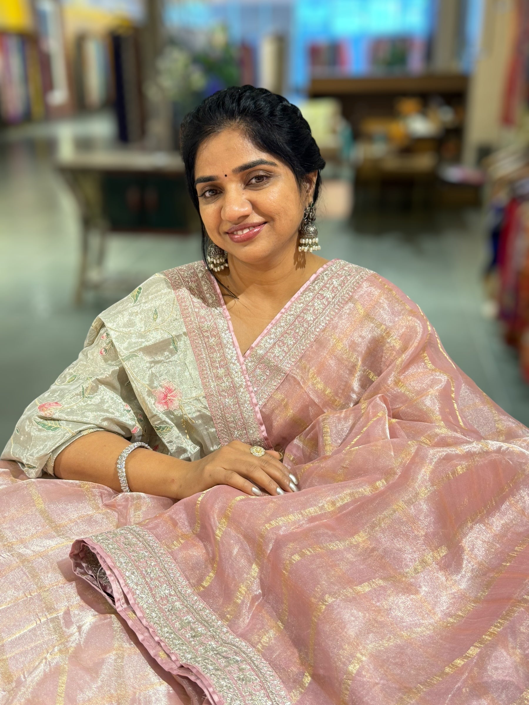 Pastel Pink Banarasi Tissue checks Saree with Sabyasachi Borders