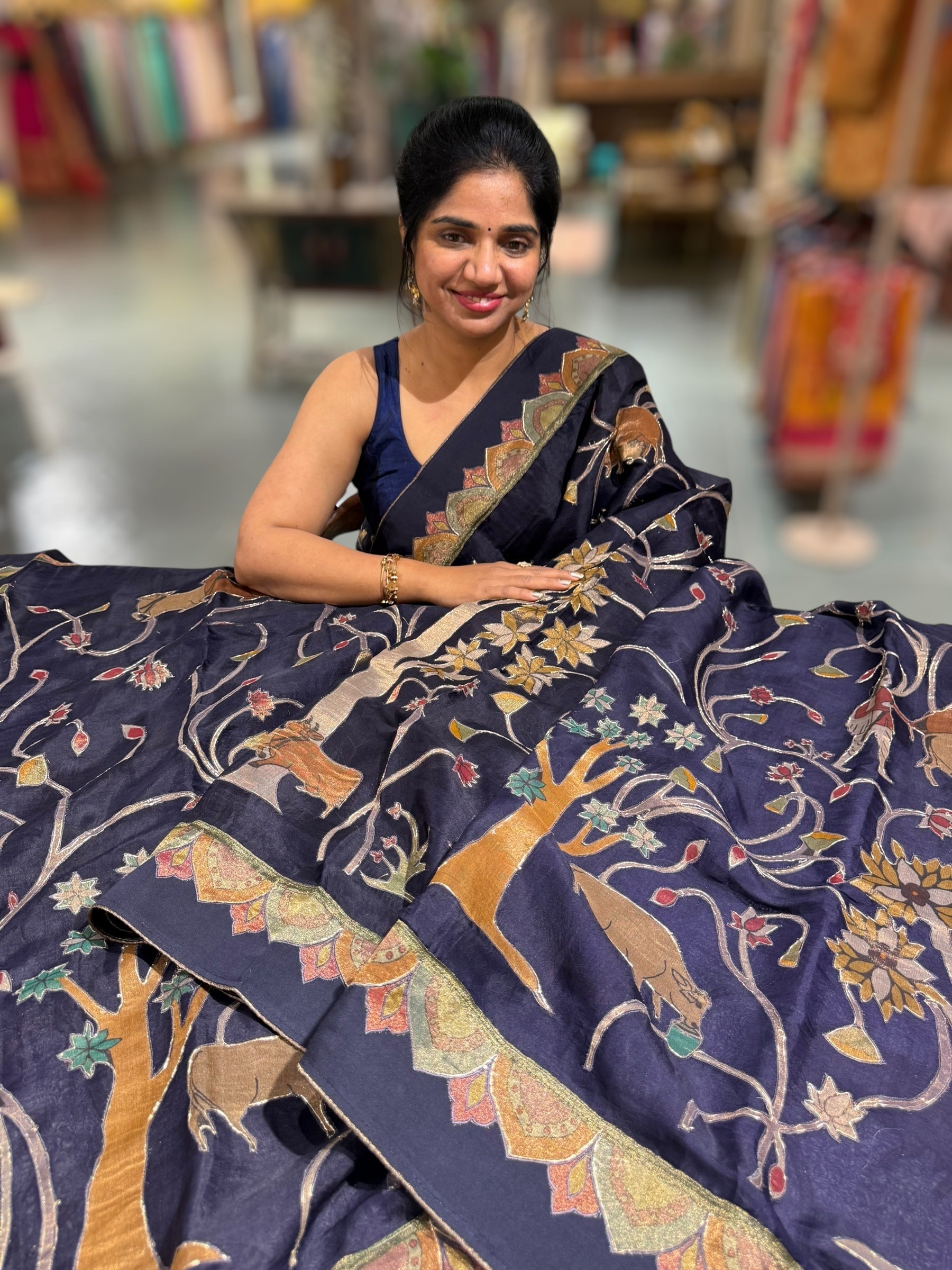 Violet Designer Organza Saree with Stunning Tissue Applique work Saree with Village theme