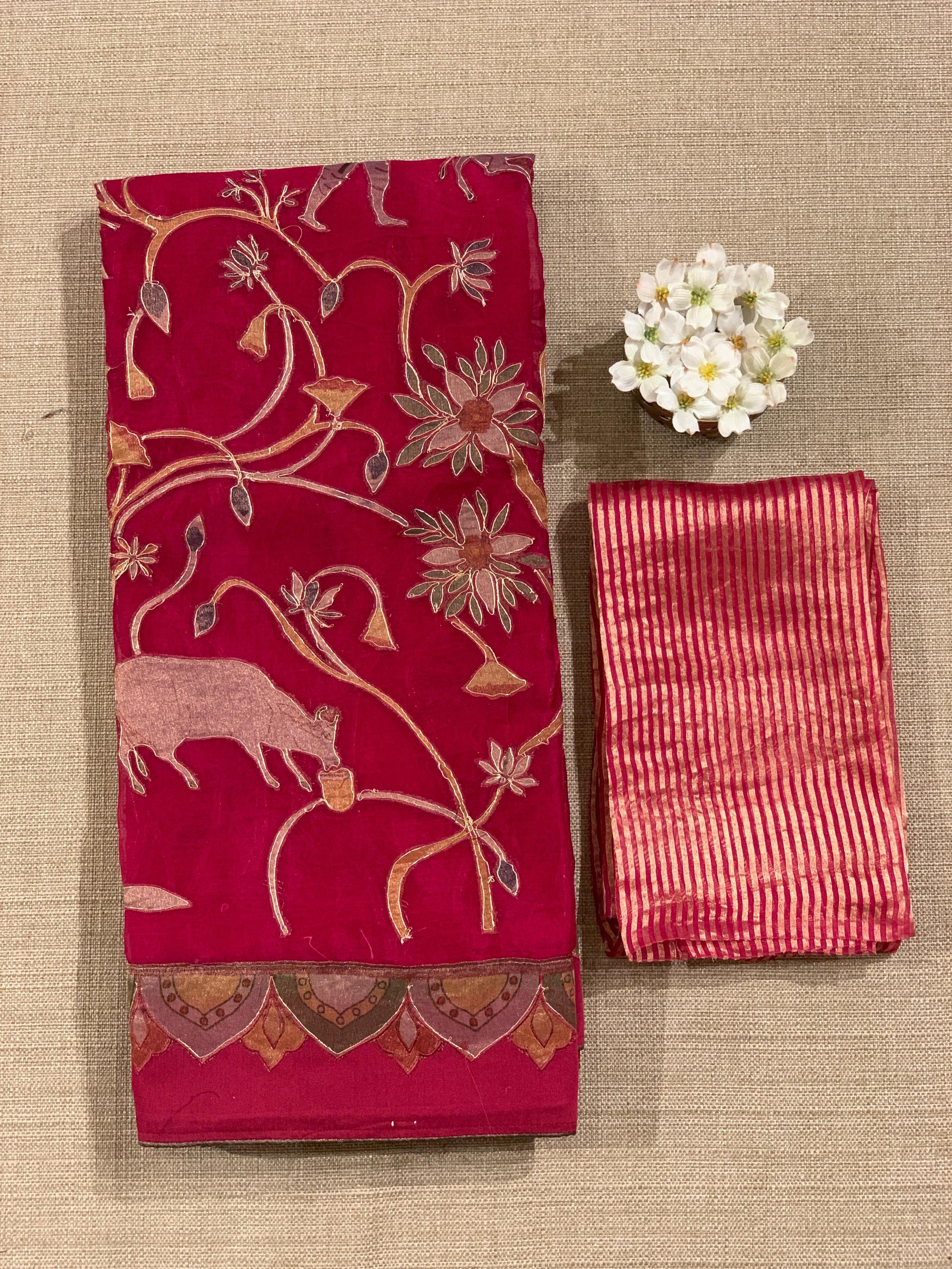 Ruby Pink Designer Organza Saree with Stunning Tissue Applique work Saree with Village theme