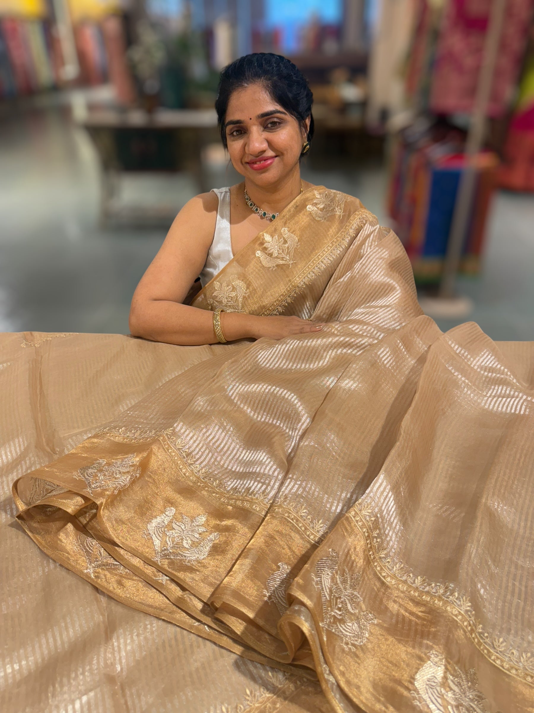 Gold Kora tissue silver stripes Saree with double parrot  embroidered tissue border