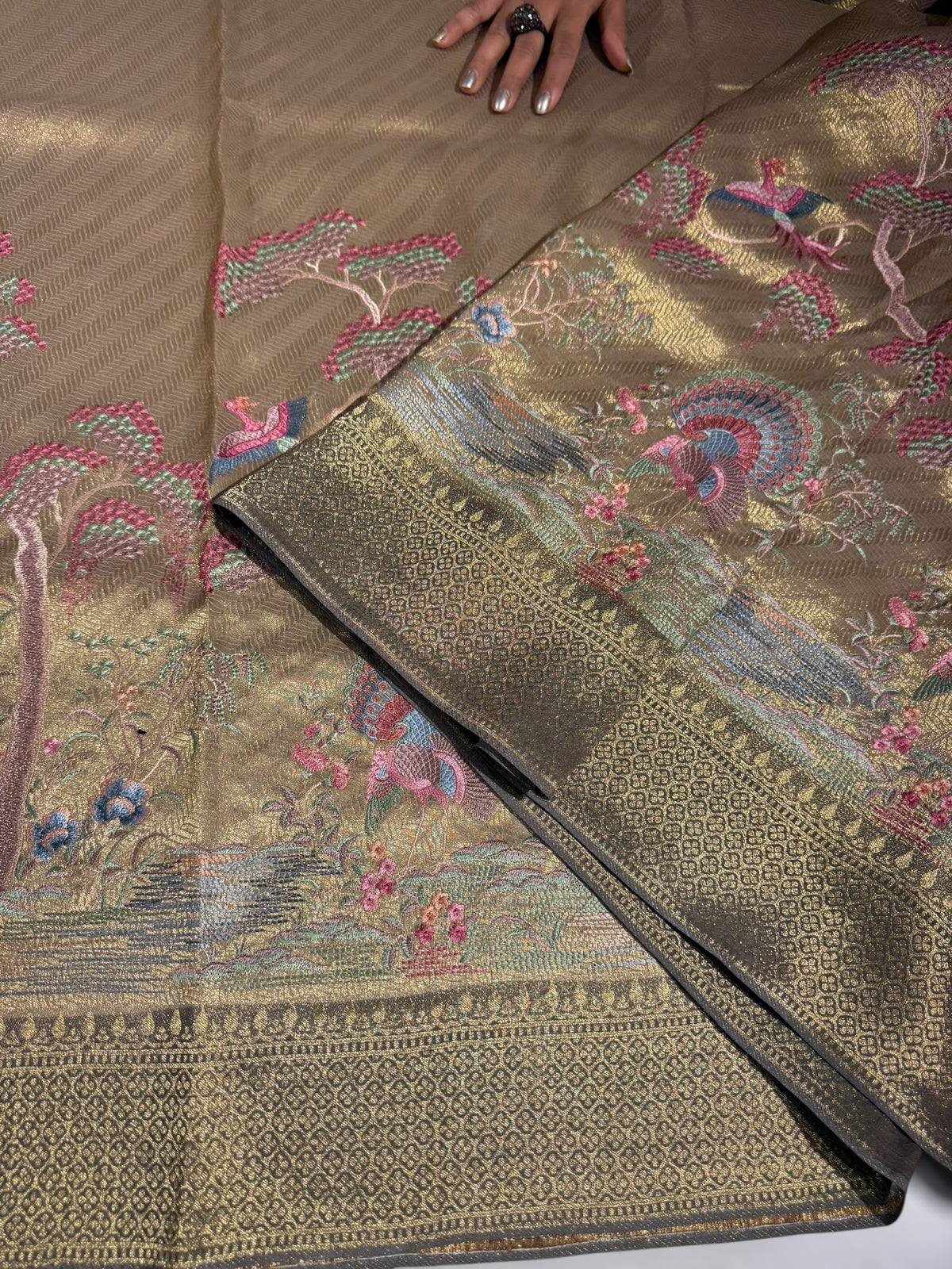 Antique Banarasi Tonchoi Brocade Saree with Parsi Gara style embroidery