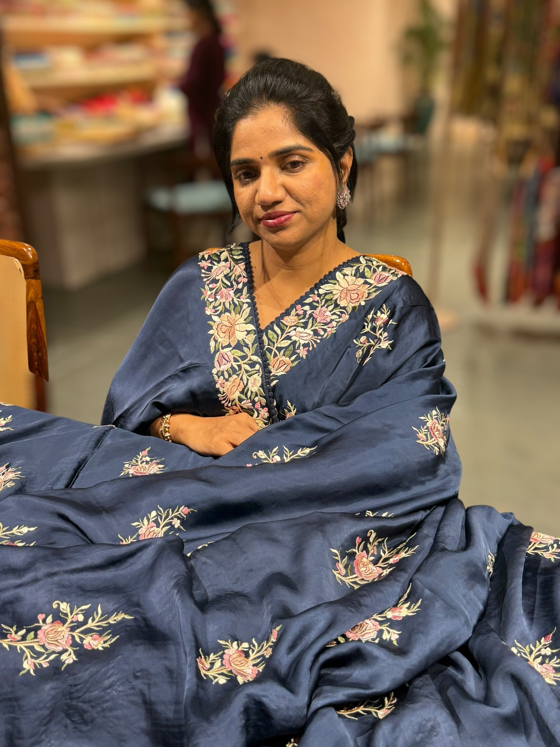 Midnight Blue Satin Saree with Parsi Gara embroidery