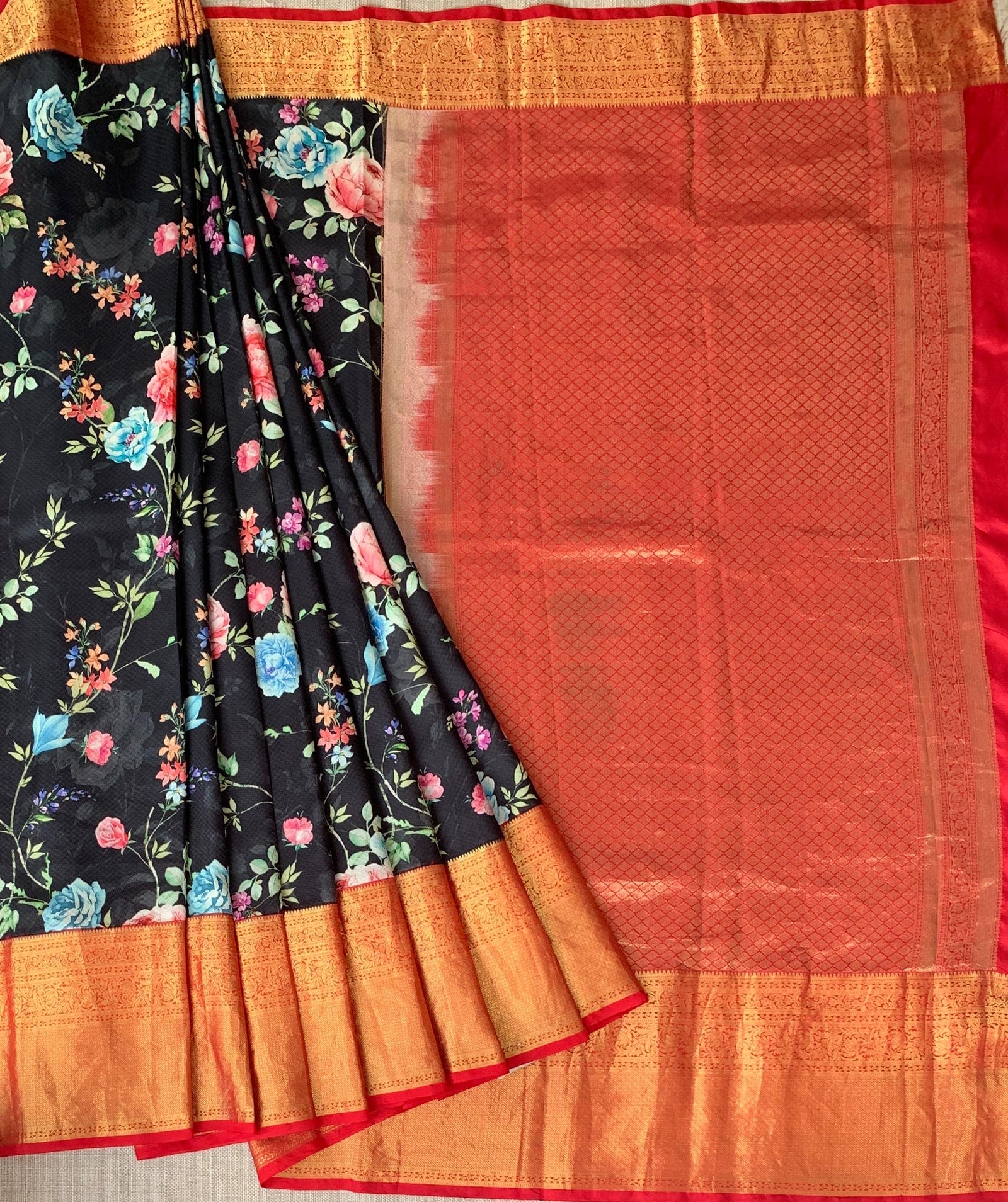 Black Designer printed kanchi silk saree