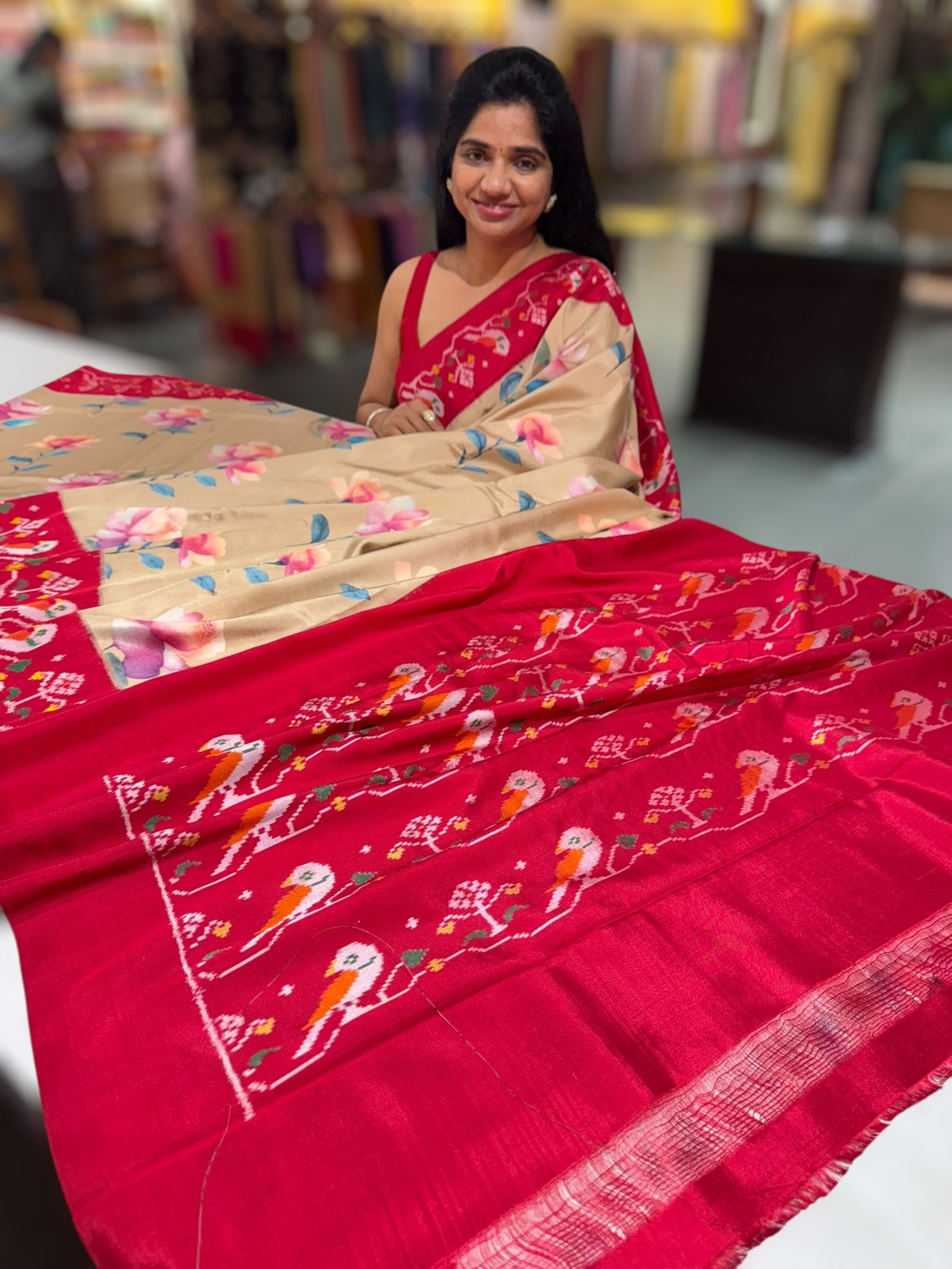 Chickoo & Red combo Printed ikkath Patola saree
