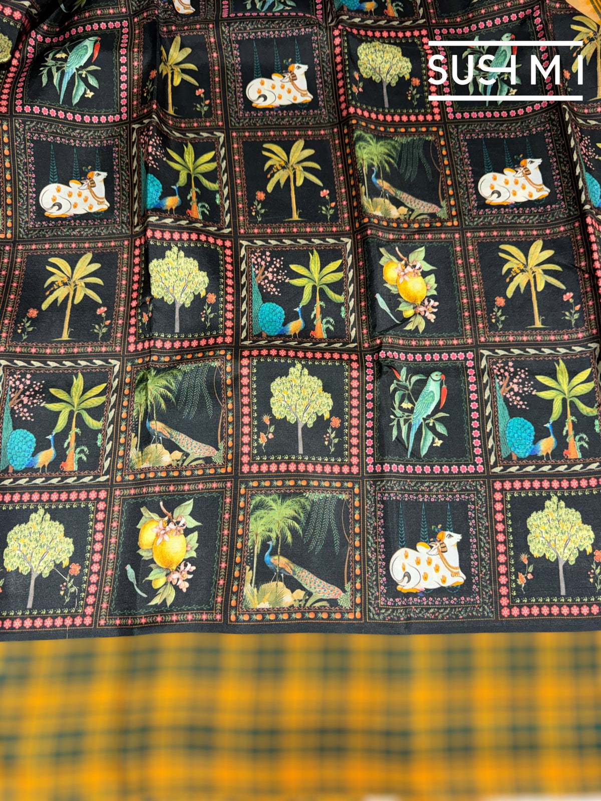 Black printed soft silk saree with burberry checks border : D62F033