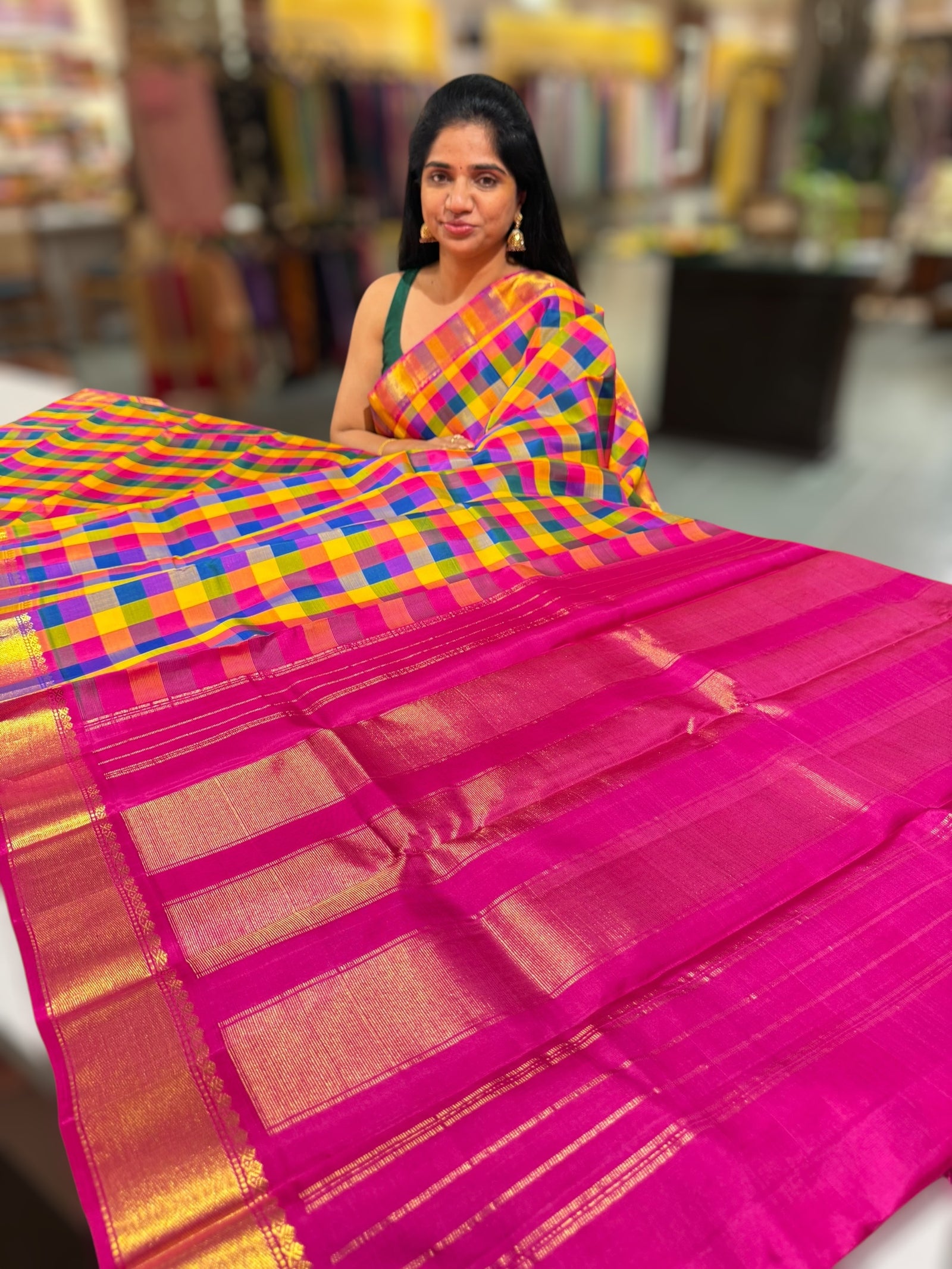 Multi color checks kanjeevaram saree