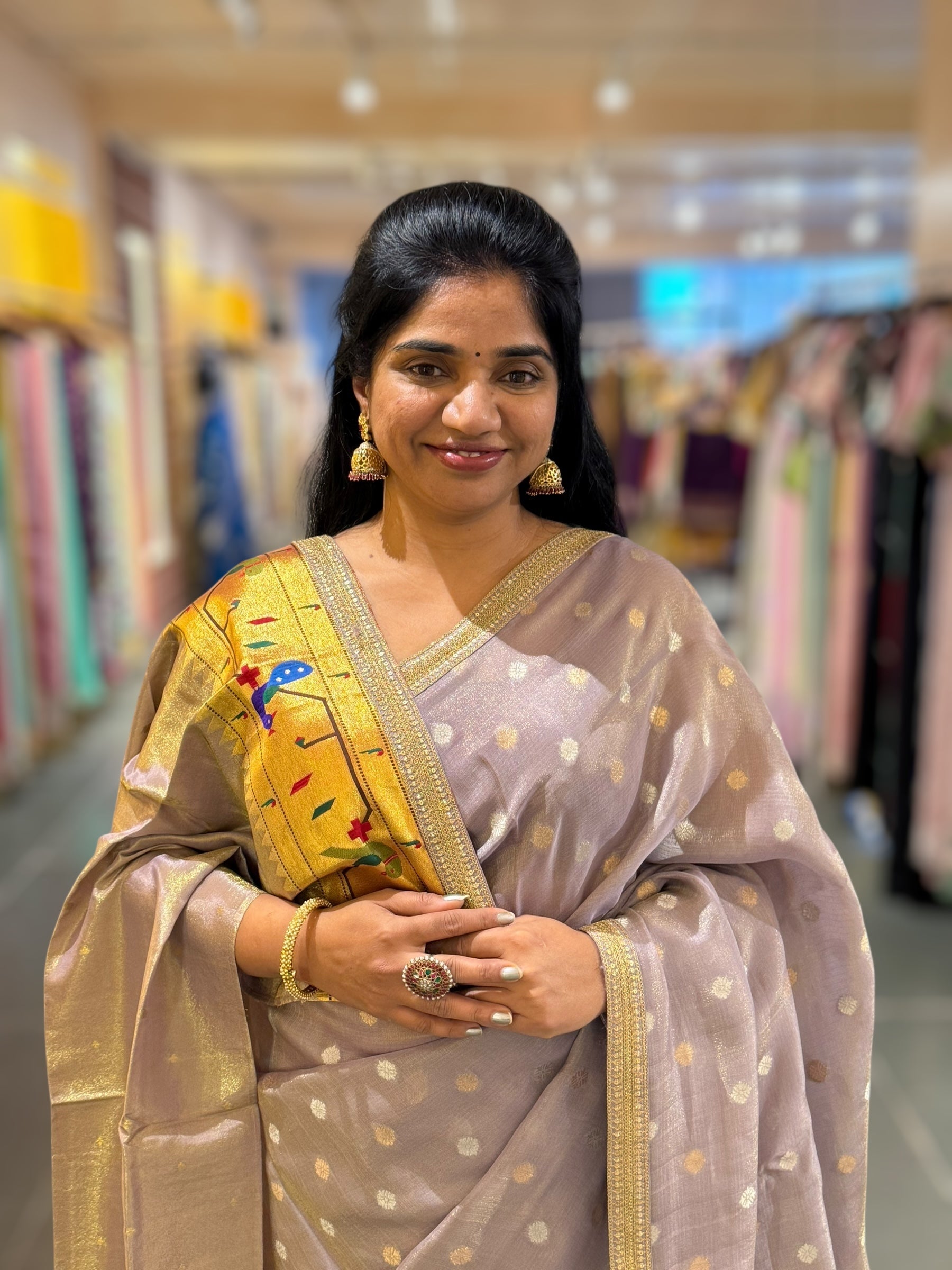 Dusty Lilac tissue Kota saree with sabyasachi borders and fancy Pythani tissue blosue
