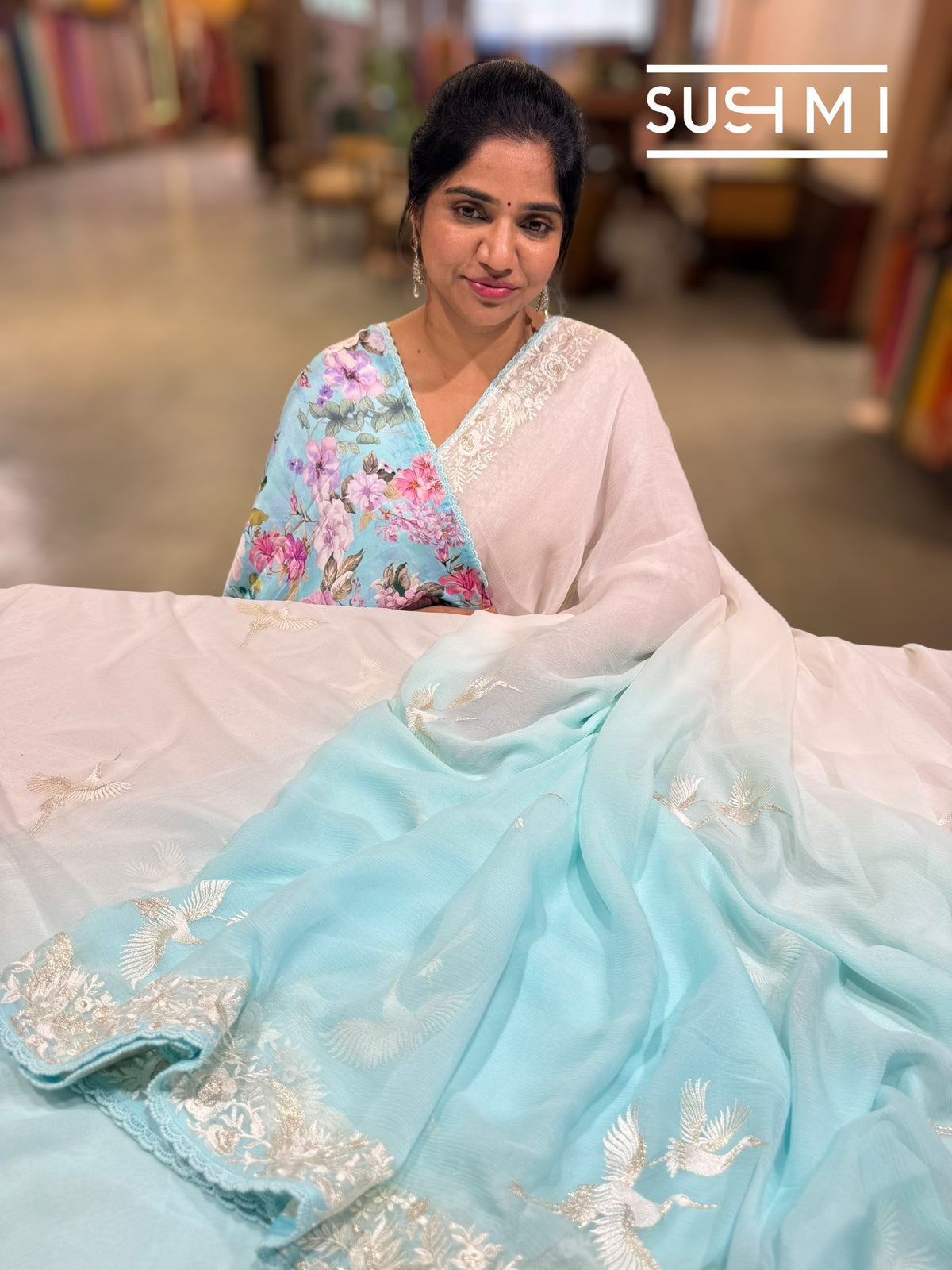 Pastel Blue ombre dyed pure chiffon saree with parsigara embroidery : S62F070