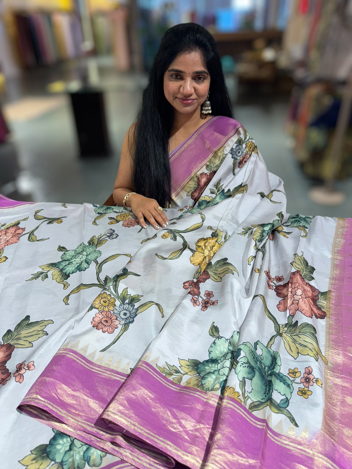 Silverish Grey Kanjeevaram Designer print saree