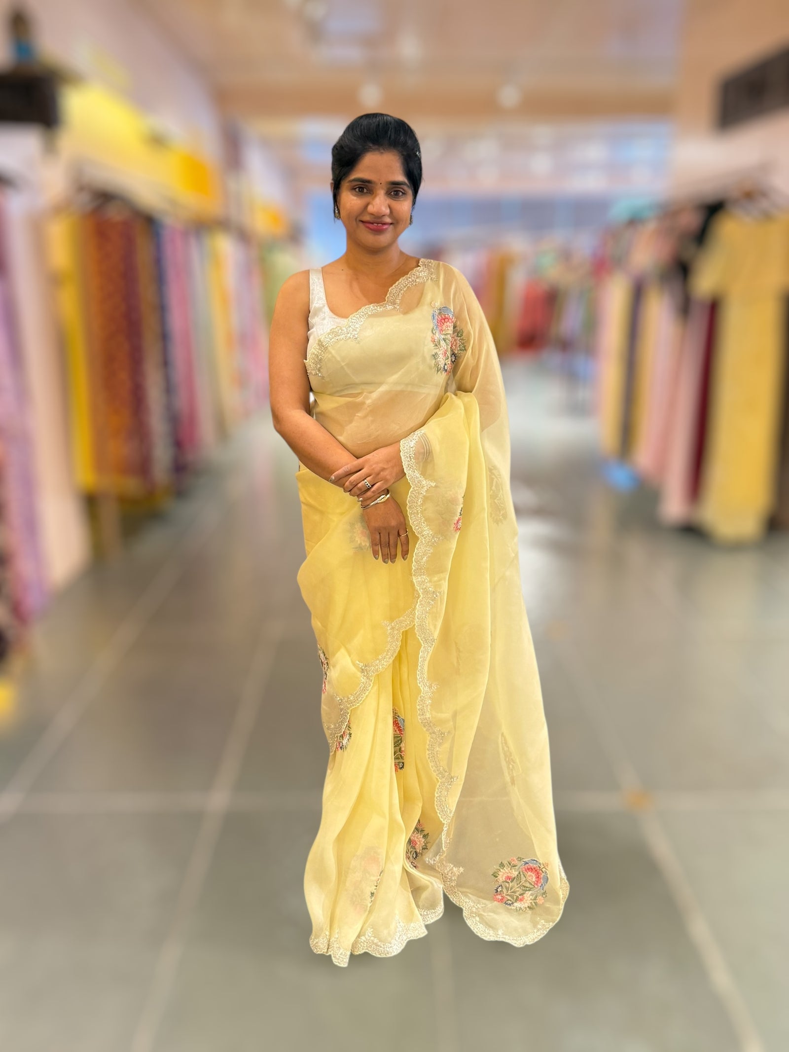 Pastel yellow pure Organza handwork saree
