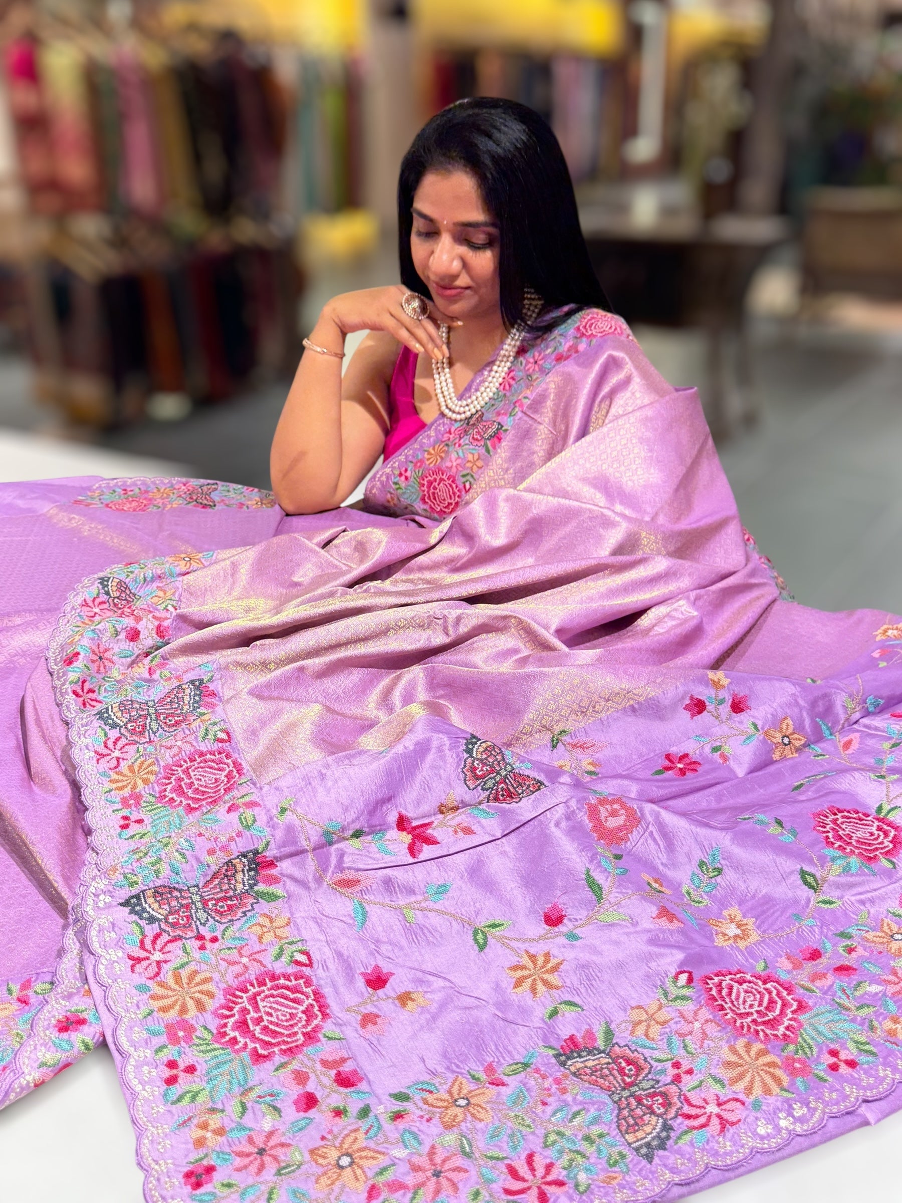 Lilac Kanjeevaram Brocade Saree with Petite Point Embroidered Border